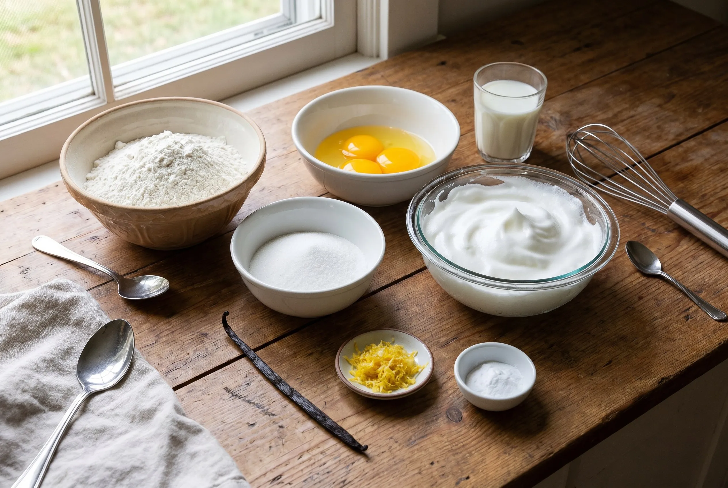 Ingredienser til æbleskiver: mel, kærnemælk, delte æg med stivpiskede hvider og citron