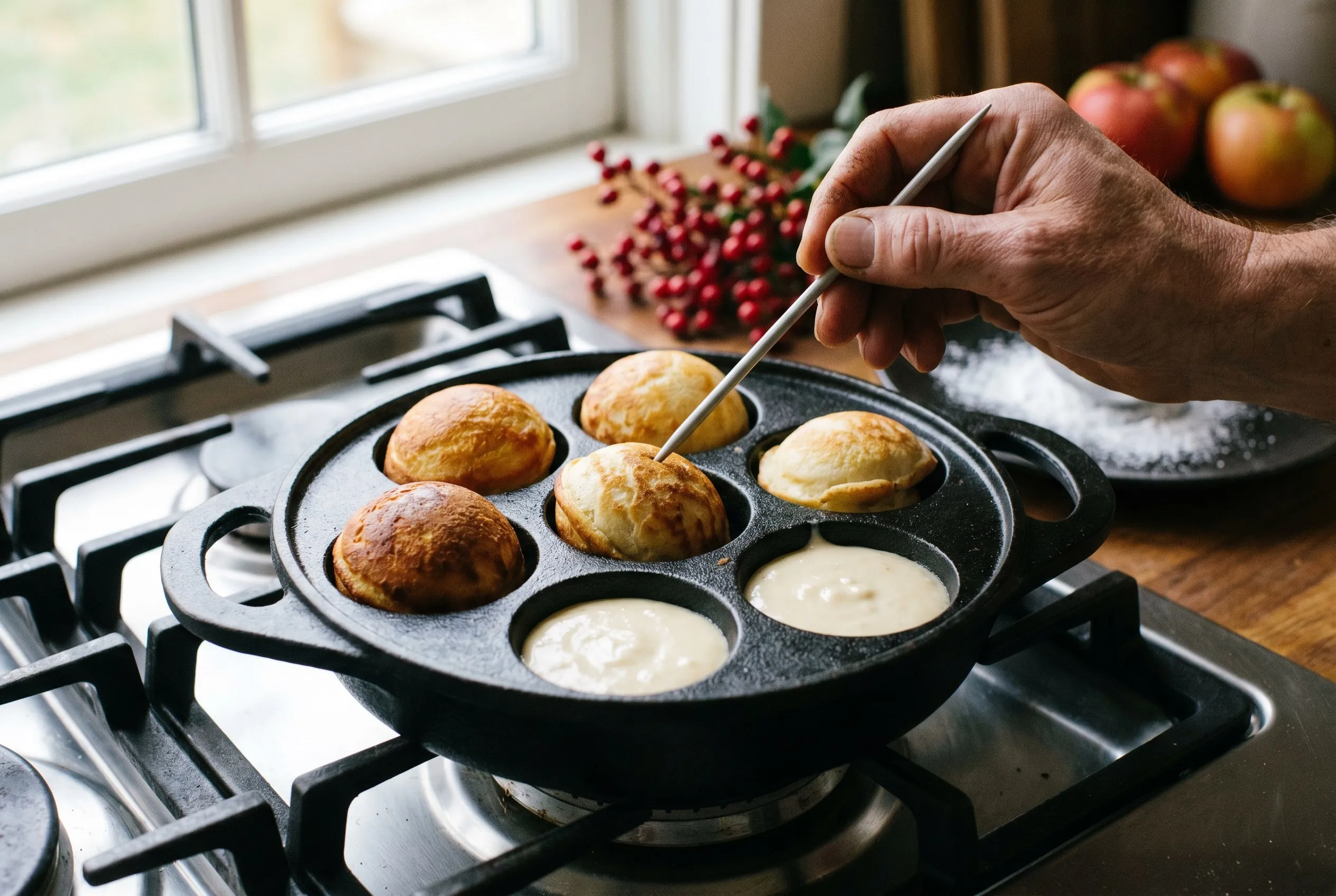 Æbleskiver der bages i en æbleskivepande og drejes med en strikkepind