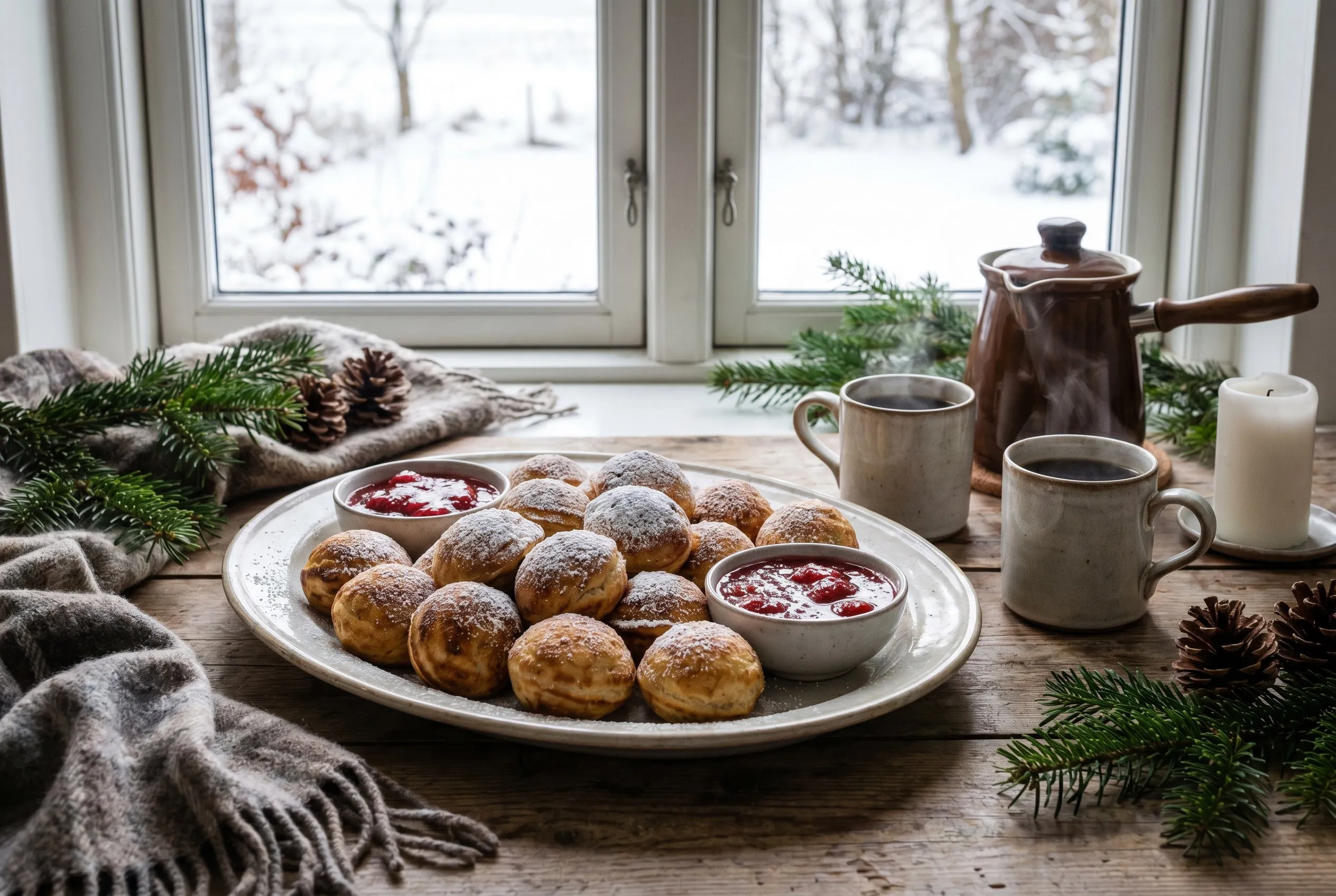 Varme æbleskiver serveret med flormelis, syltetøj og kaffe