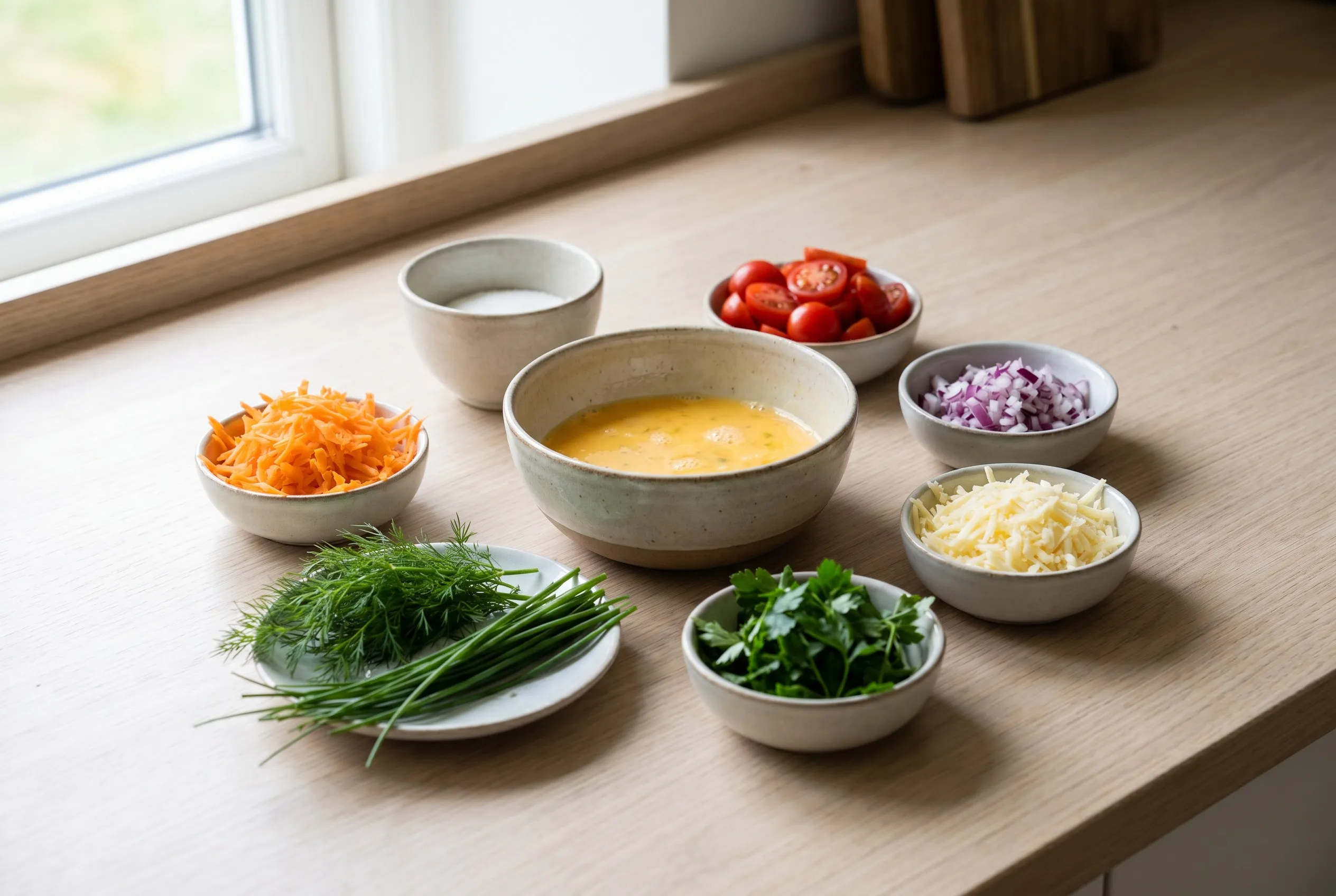 Sammenpiskede æg, revet gulerod, cherrytomater, rødløg, krydderurter og ost