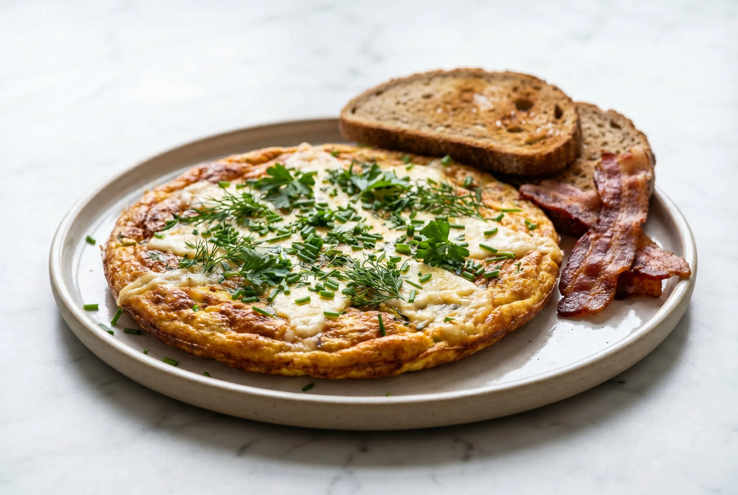 Færdig æggekage toppet med krydderurter serveret med rugbrød og bacon