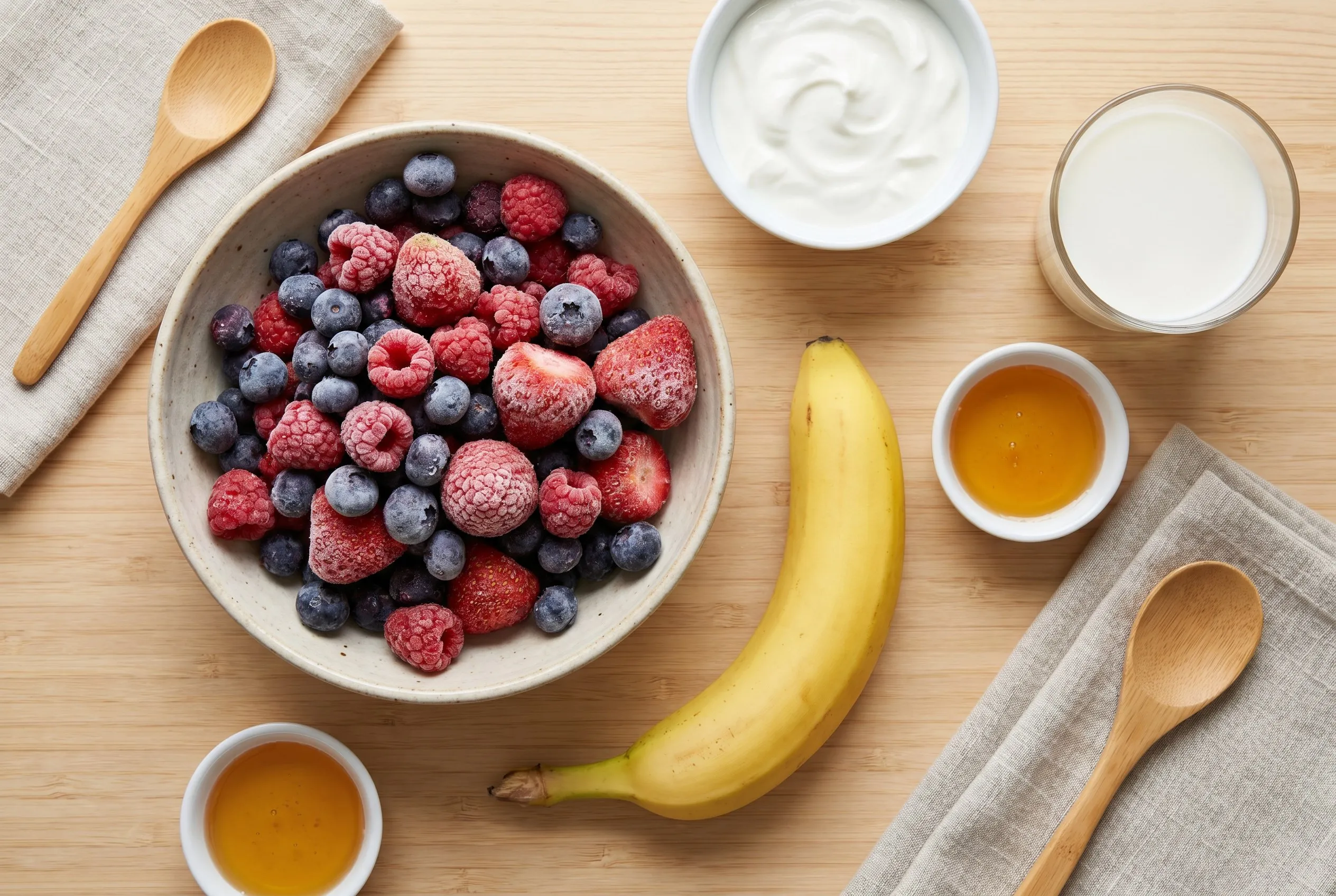 Ingredienser til bær-smoothie: frosne blandede bær, banan, græsk yoghurt, mælk og honning