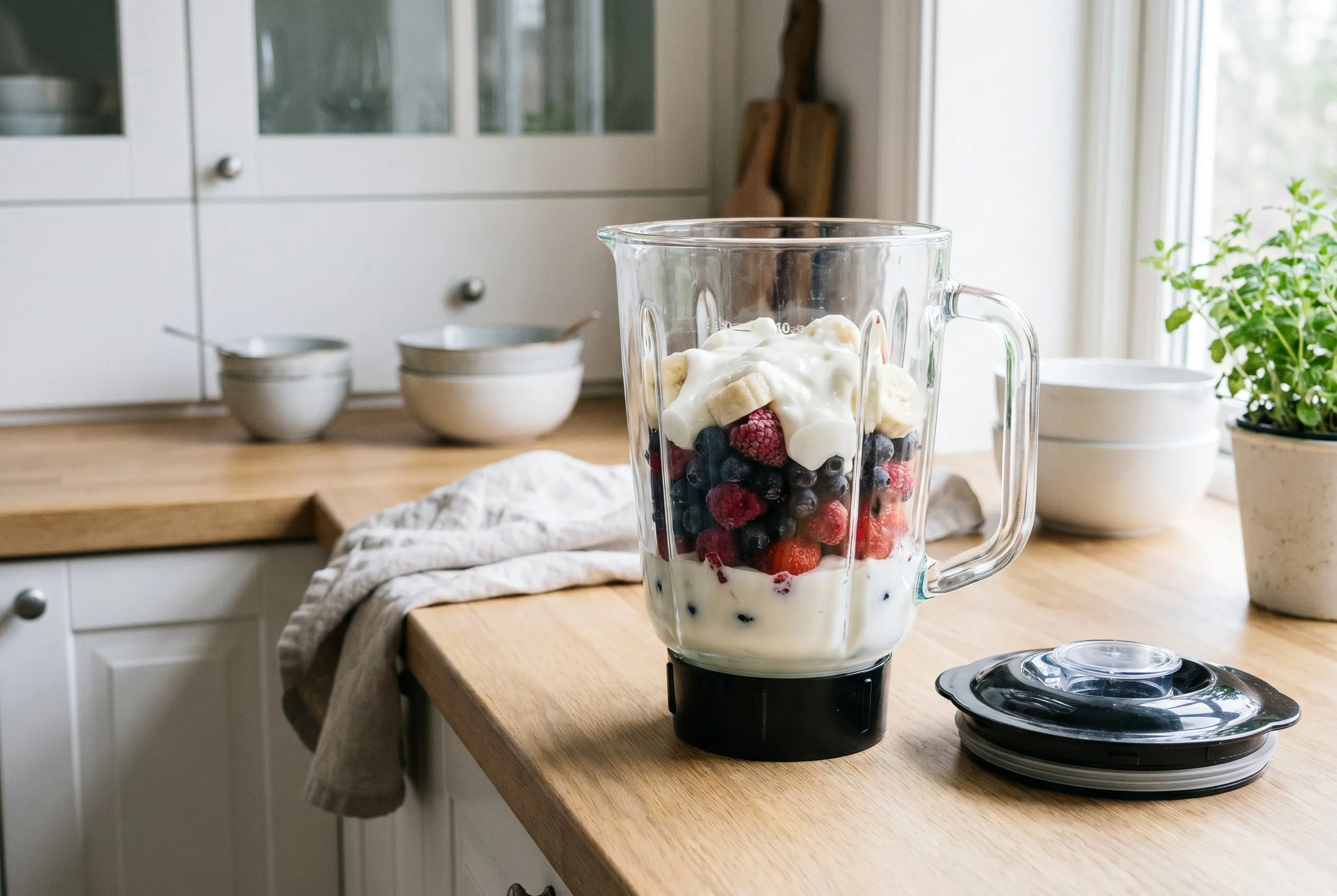 Frosne bær, banan og yoghurt i en blenderkande klar til at blende