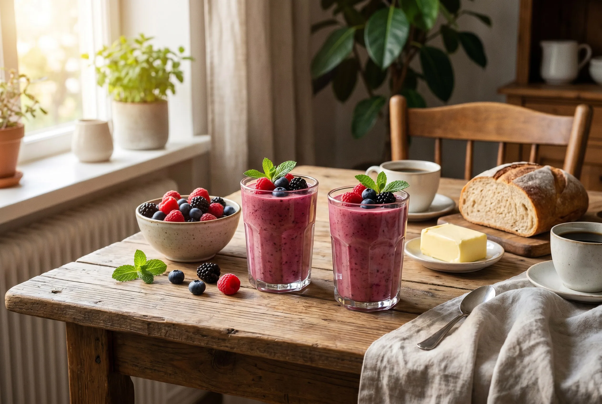 Færdig bær-smoothie serveret i et højt glas med friske bær på toppen