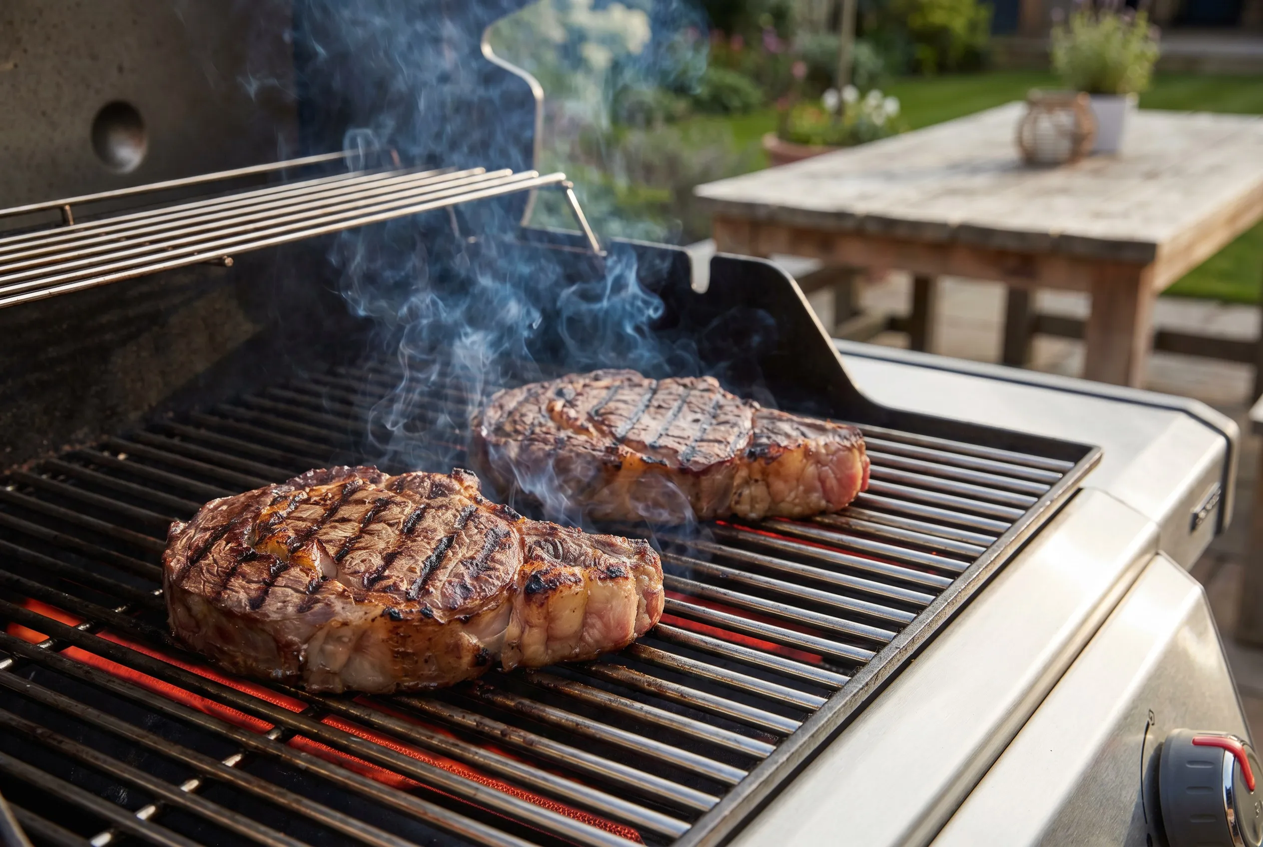 To bøffer der griller på en gasgrill med grillmærker