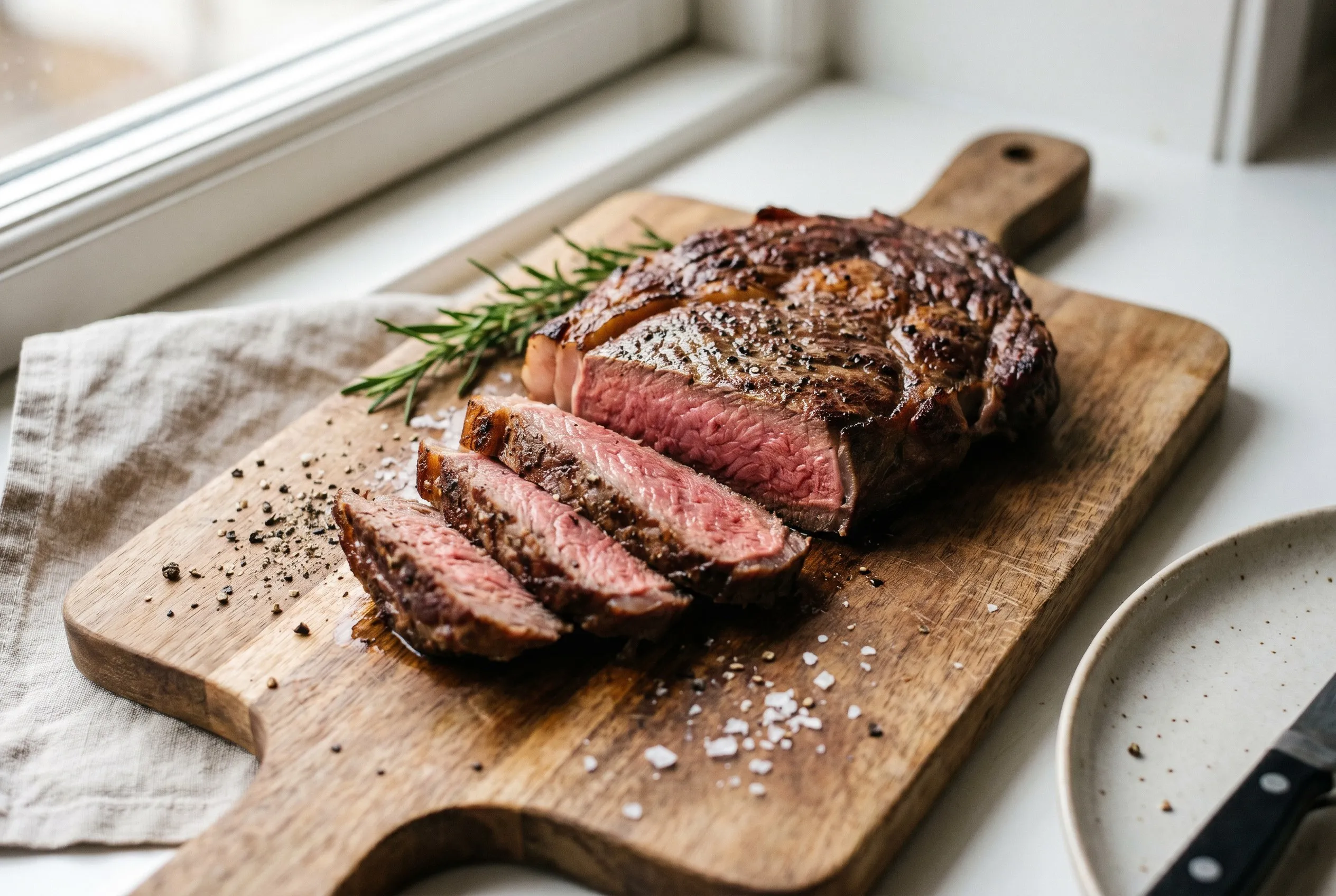 Grillet bøf skåret i skiver med en saftig medium-rare kerne
