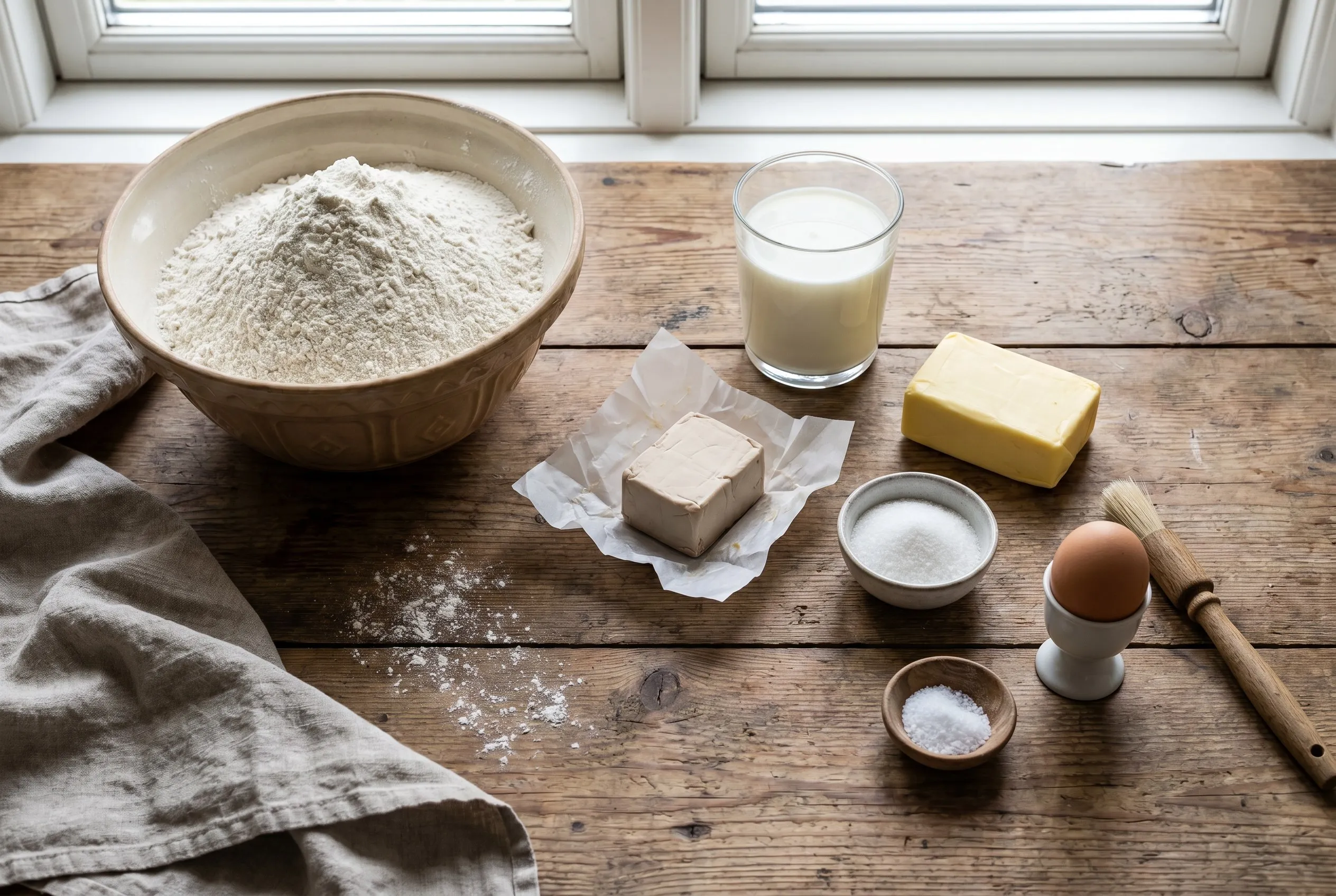 Ingredienser til boller: mel, gær, mælk, smør, sukker og æg
