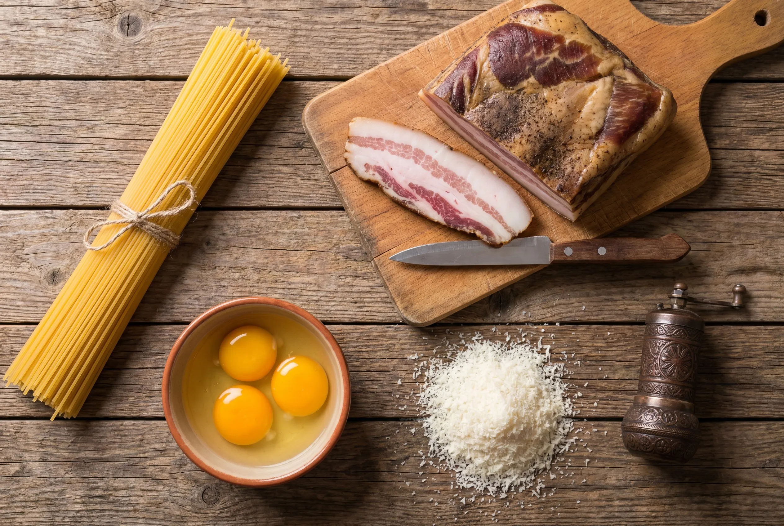 Ingredienser til carbonara: spaghetti, guanciale, æg, pecorino og sort peber