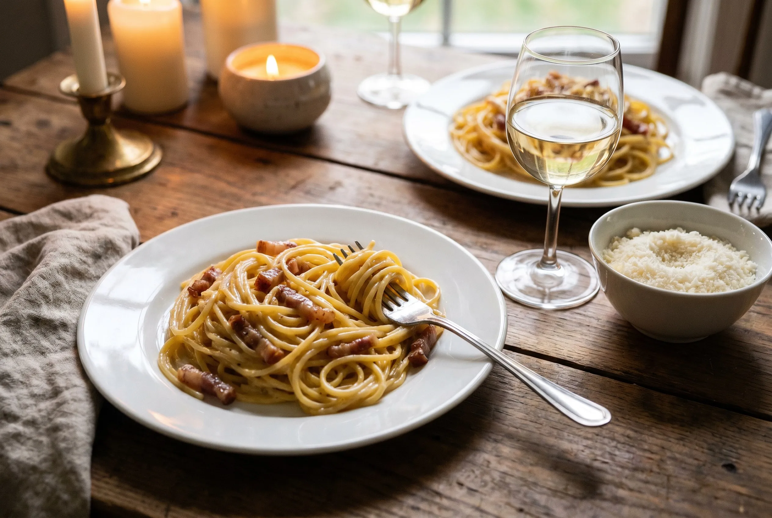 Færdig spaghetti carbonara serveret på tallerken med revet pecorino og sort peber