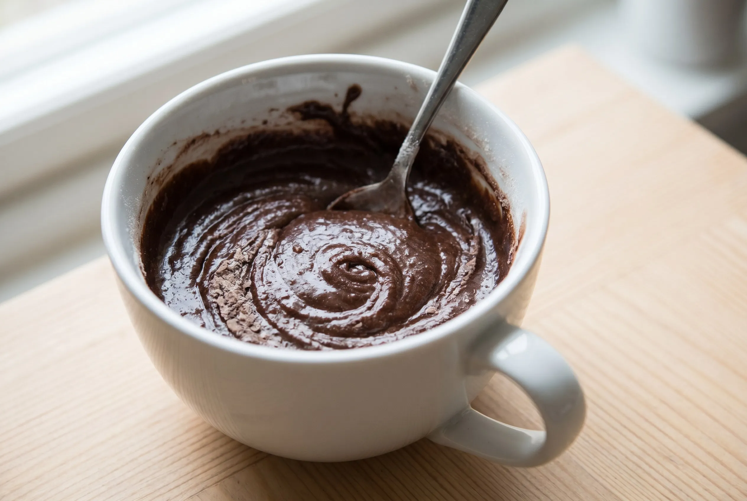 Chokoladedej røres glat i en kop med en ske