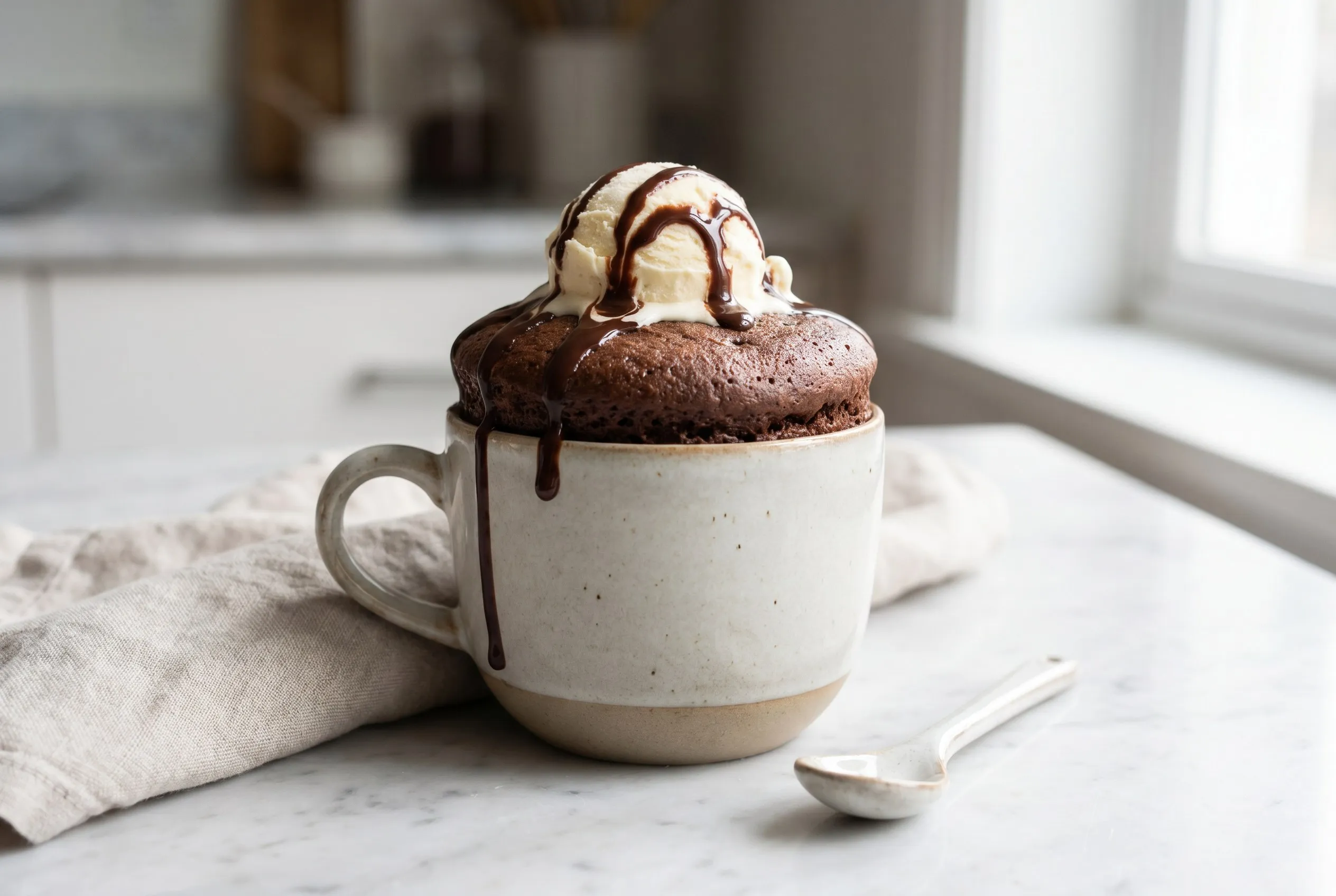 Færdig chokolade mug cake serveret med vaniljeis