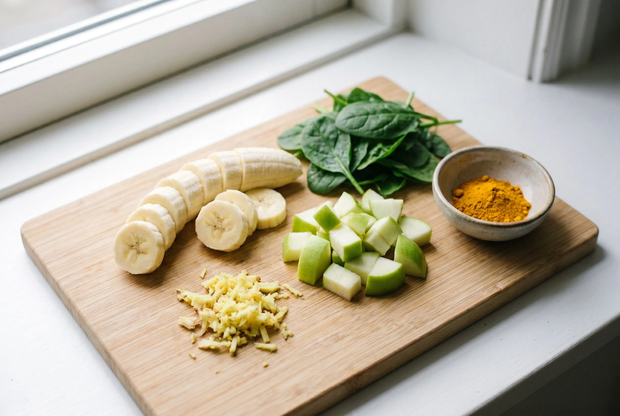 Ingredienser til detox smoothie: banan, spinat, æble, ingefær og gurkemeje