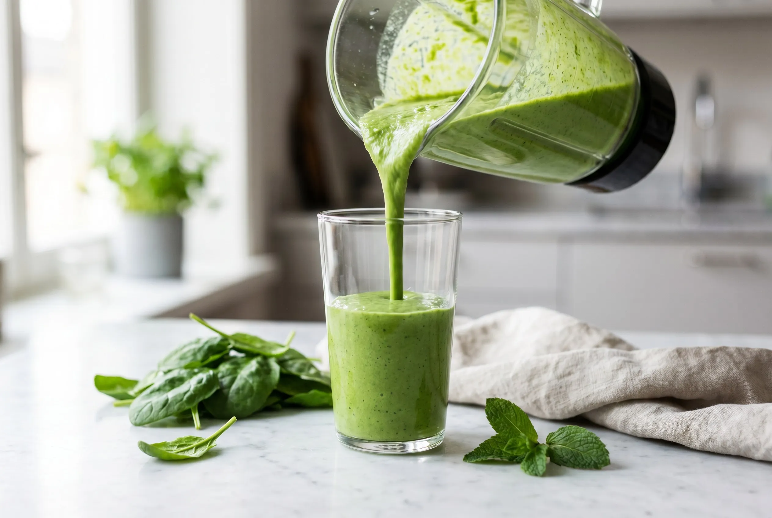 Færdig grøn smoothie hældes i et højt glas