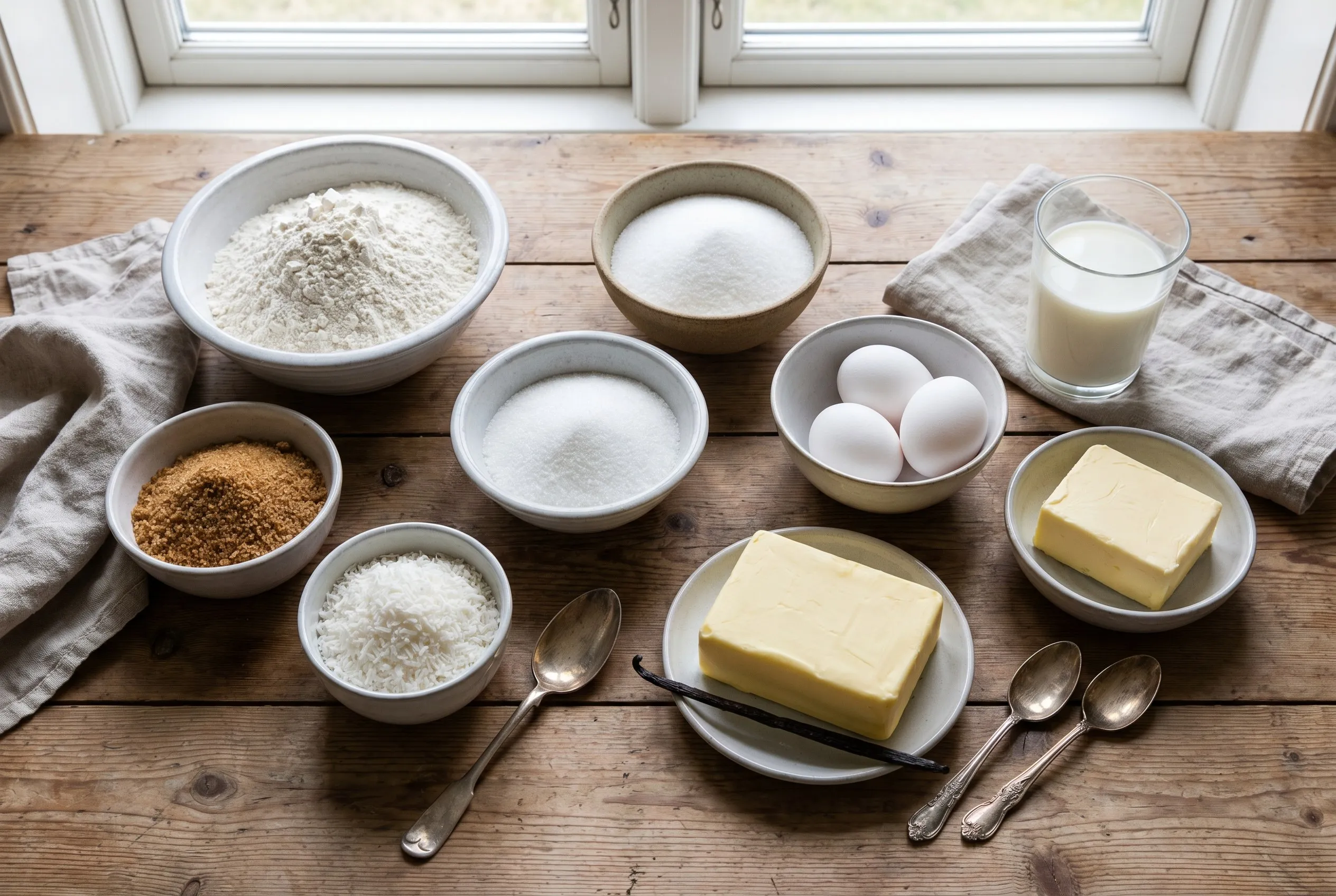Ingredienser til drømmekage: æg, sukker, mel, kokosmel og brun farin