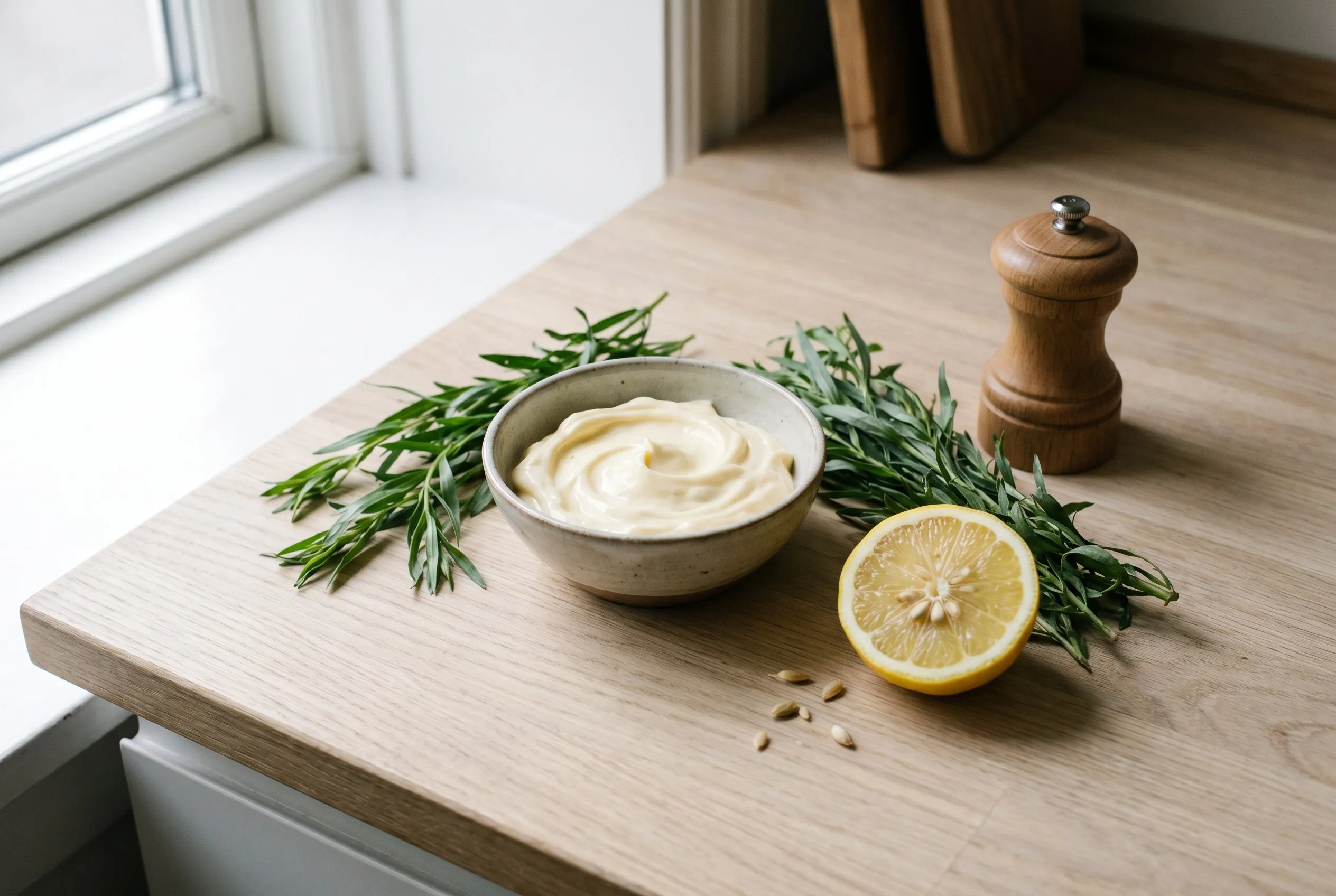 Ingredienser til estragon-mayo: mayonnaise, frisk estragon, citron og peber