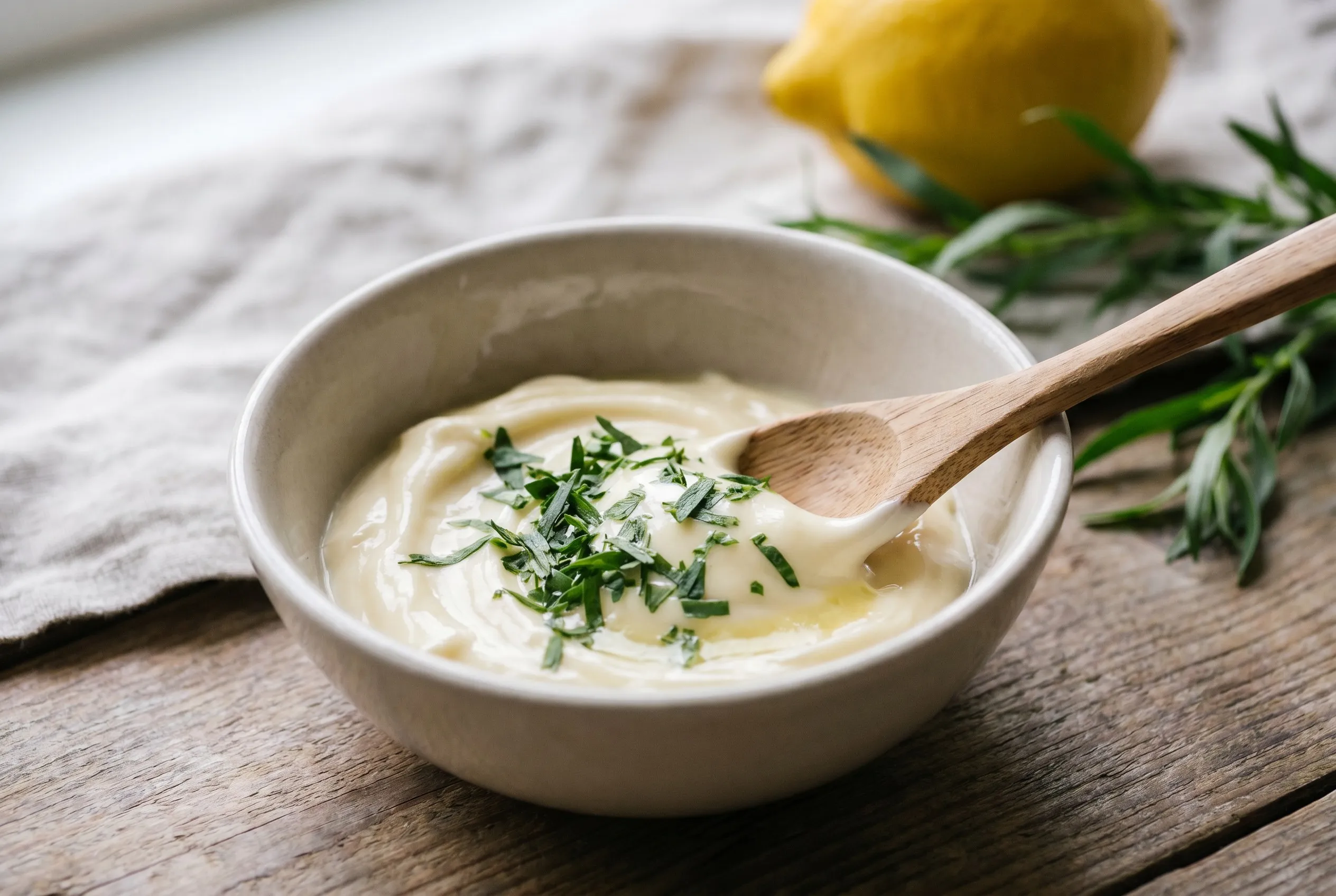Mayonnaise røres sammen med estragon og citronsaft i en skål