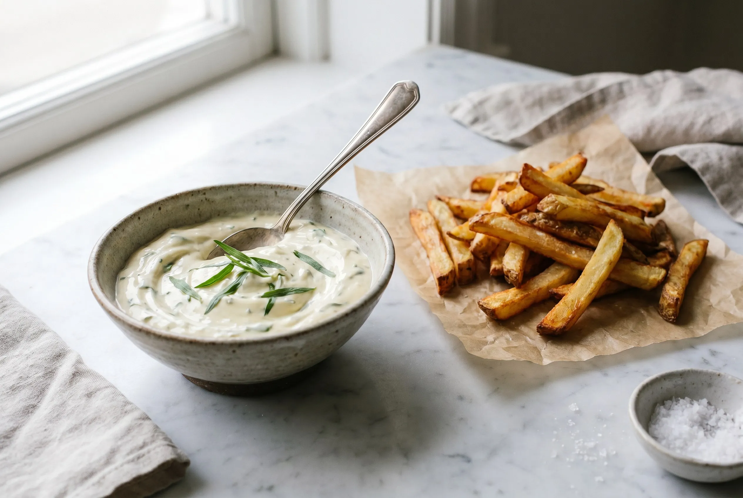 Færdig estragon-mayo i en skål serveret til pommes frites