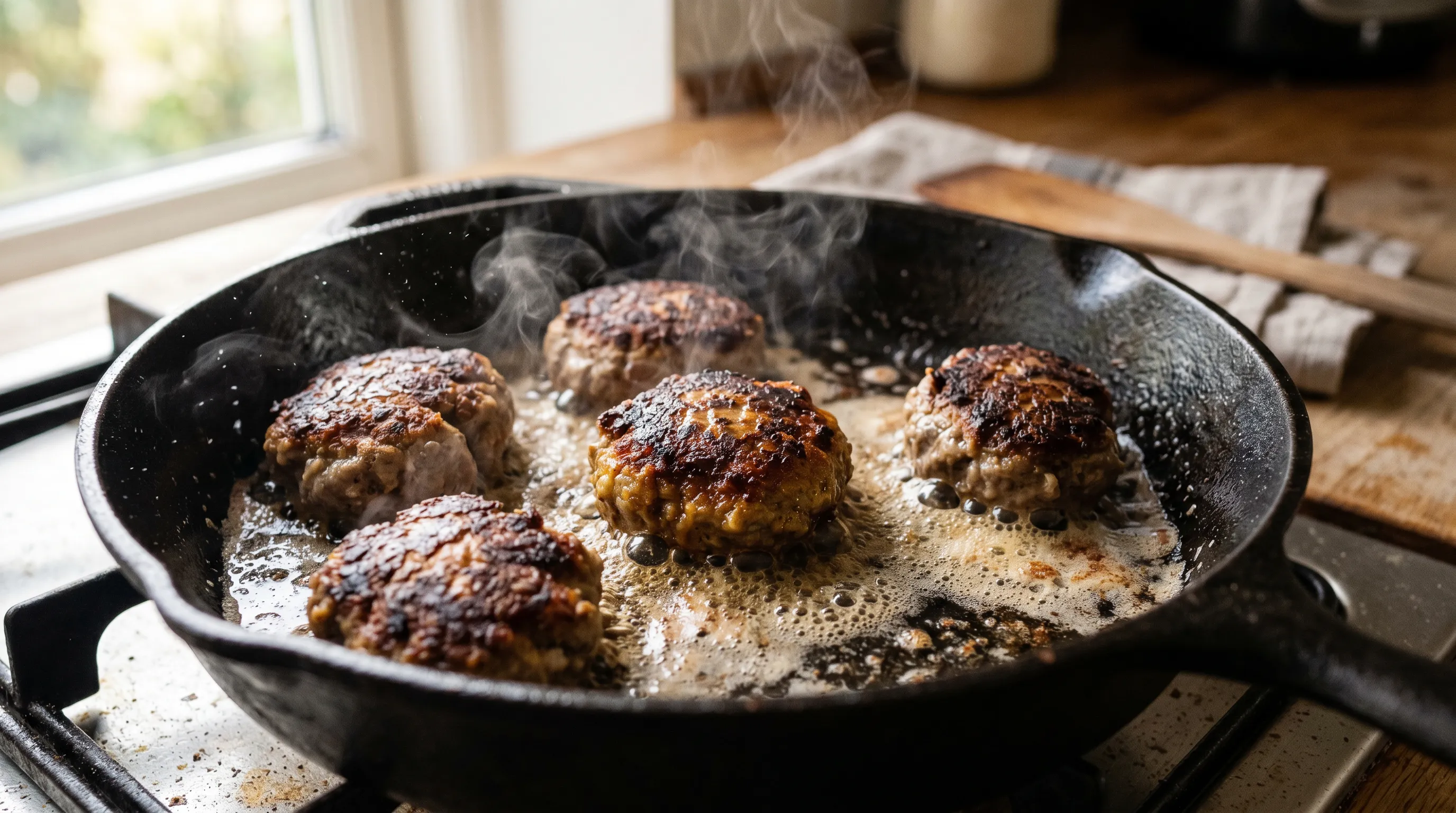 Frikadeller steges i smør på en stegepande