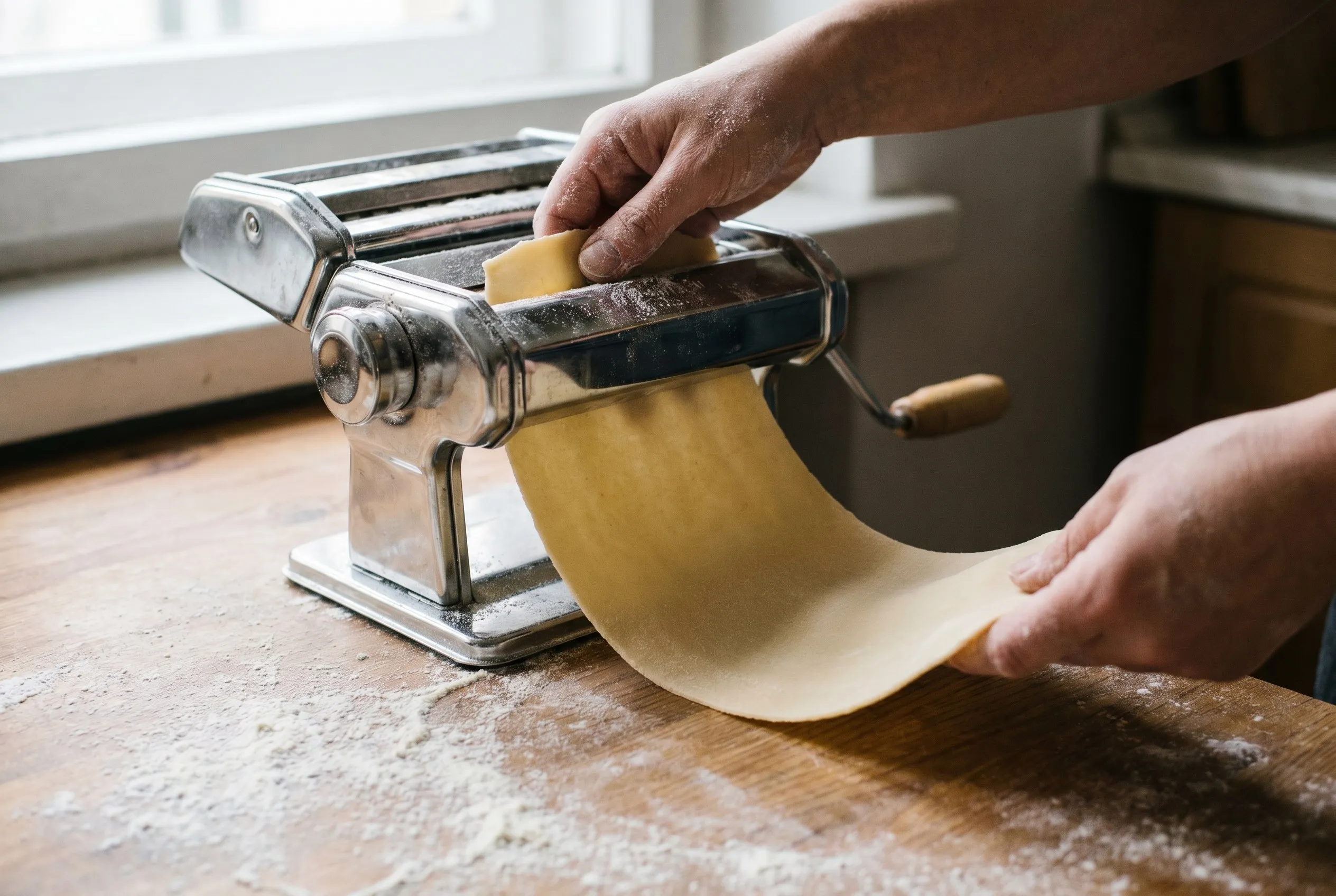 Pastadej rulles tyndt ud gennem en pastamaskine