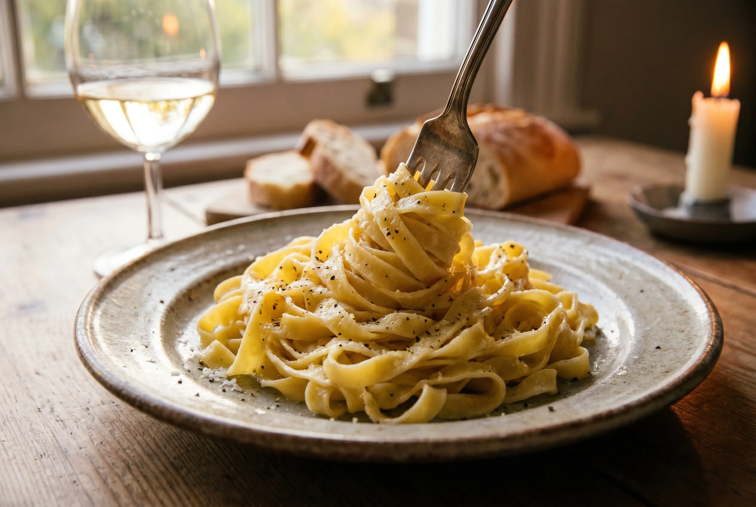 Nykogt frisk tagliatelle vendt med sauce og revet parmesan på en tallerken