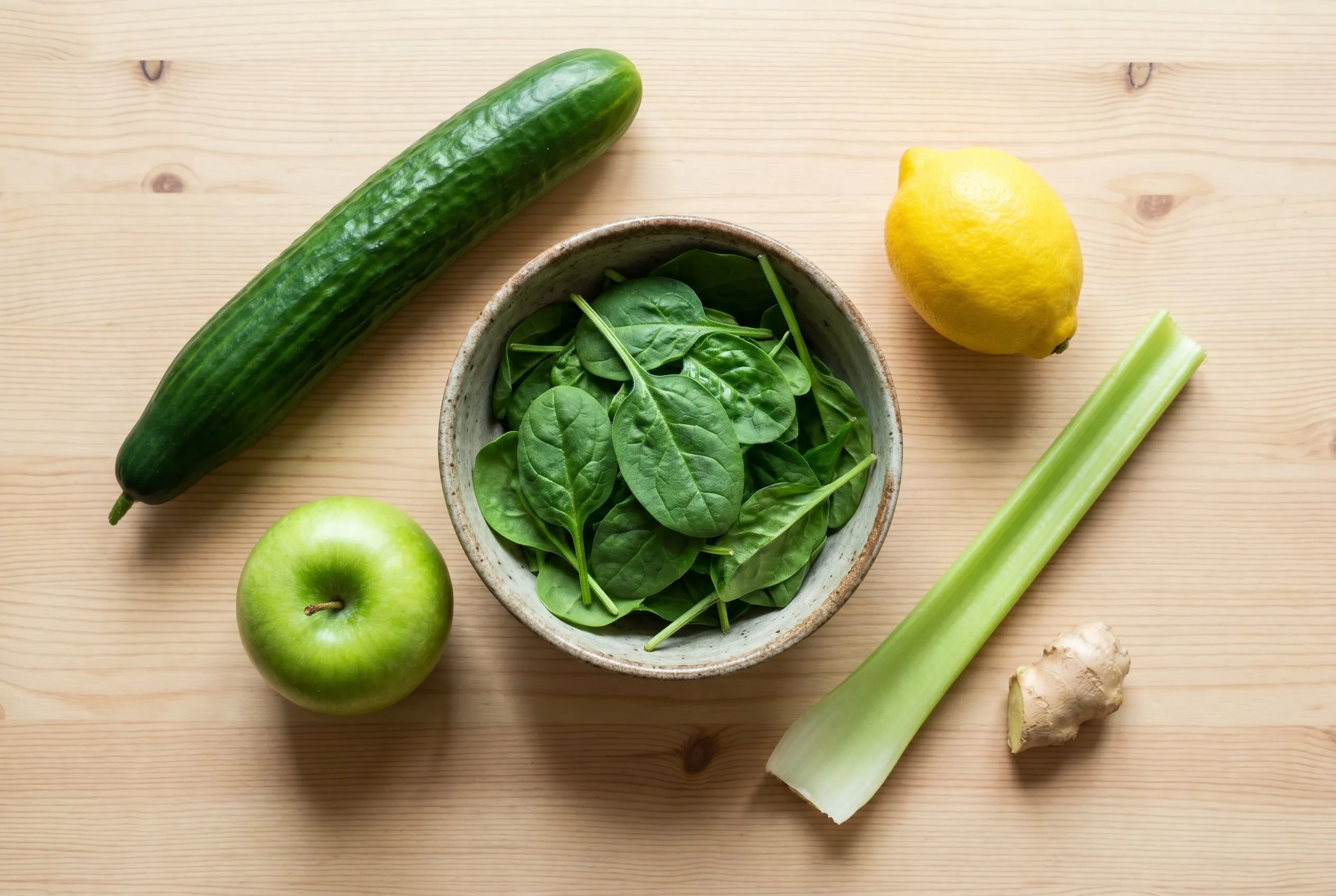 Ingredienser til grøn juice: agurk, grønne æbler, frisk spinat, citron, bladselleri og ingefær