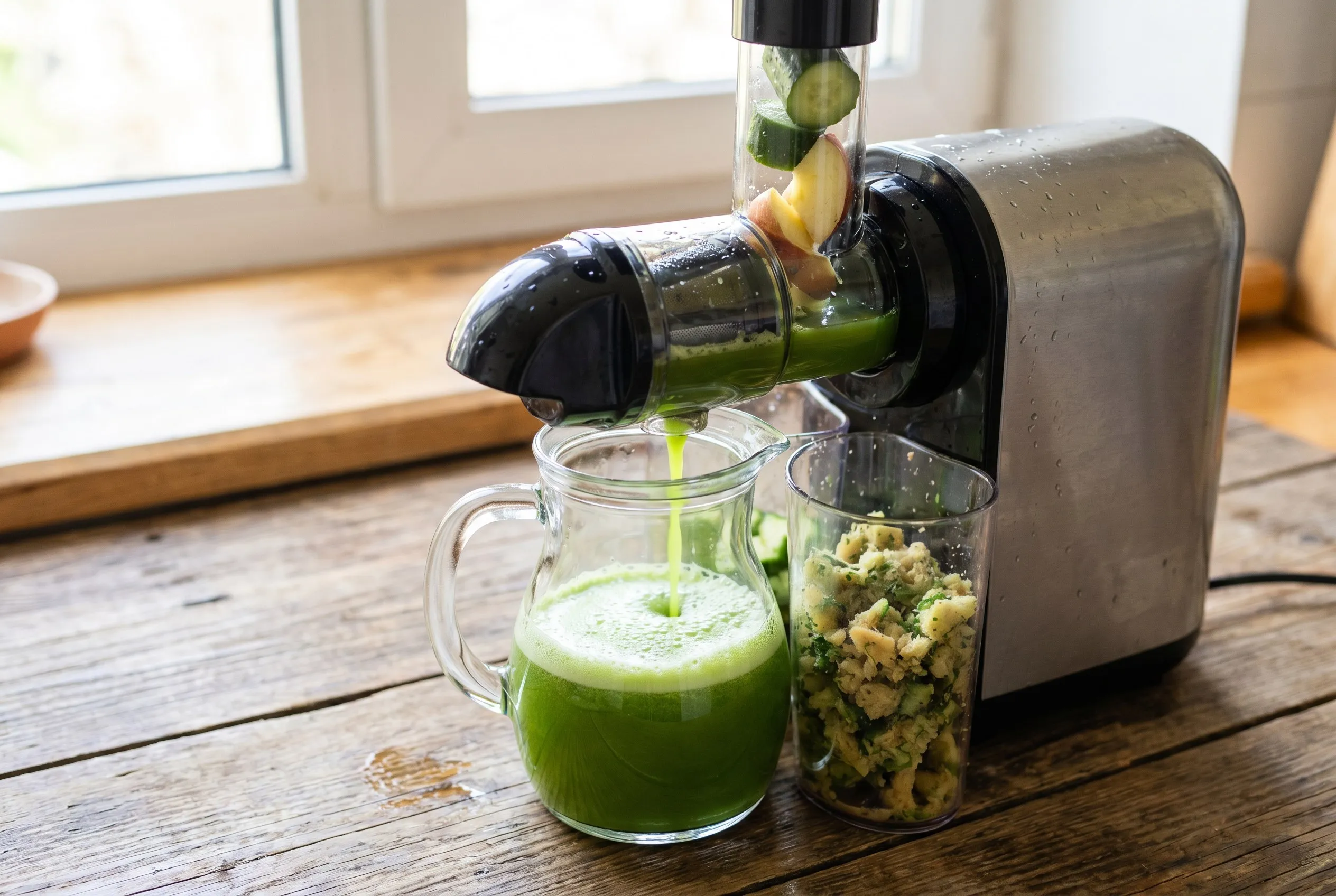Grøn juice presses gennem en finmasket si over en glaskande