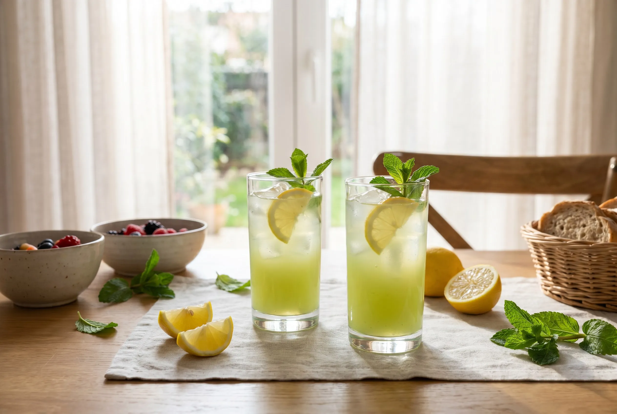 Færdig grøn juice serveret i to glas med is og en skive citron