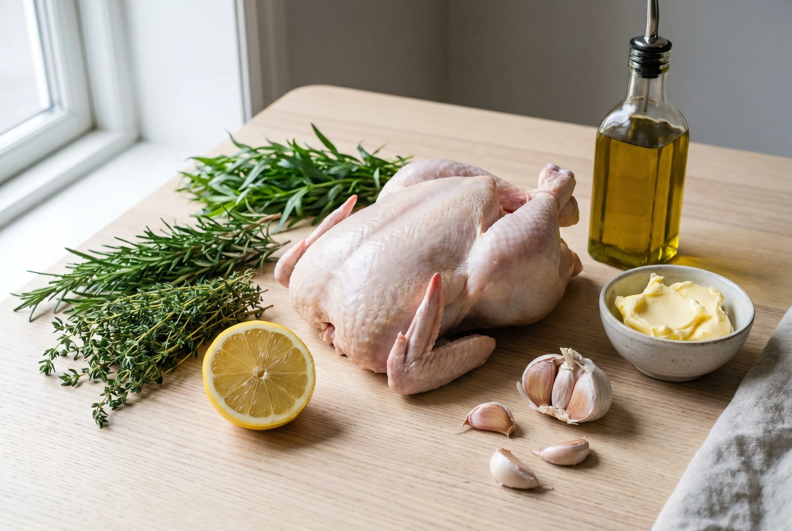 Rå hel kylling med krydderurter, citron, hvidløg og smør