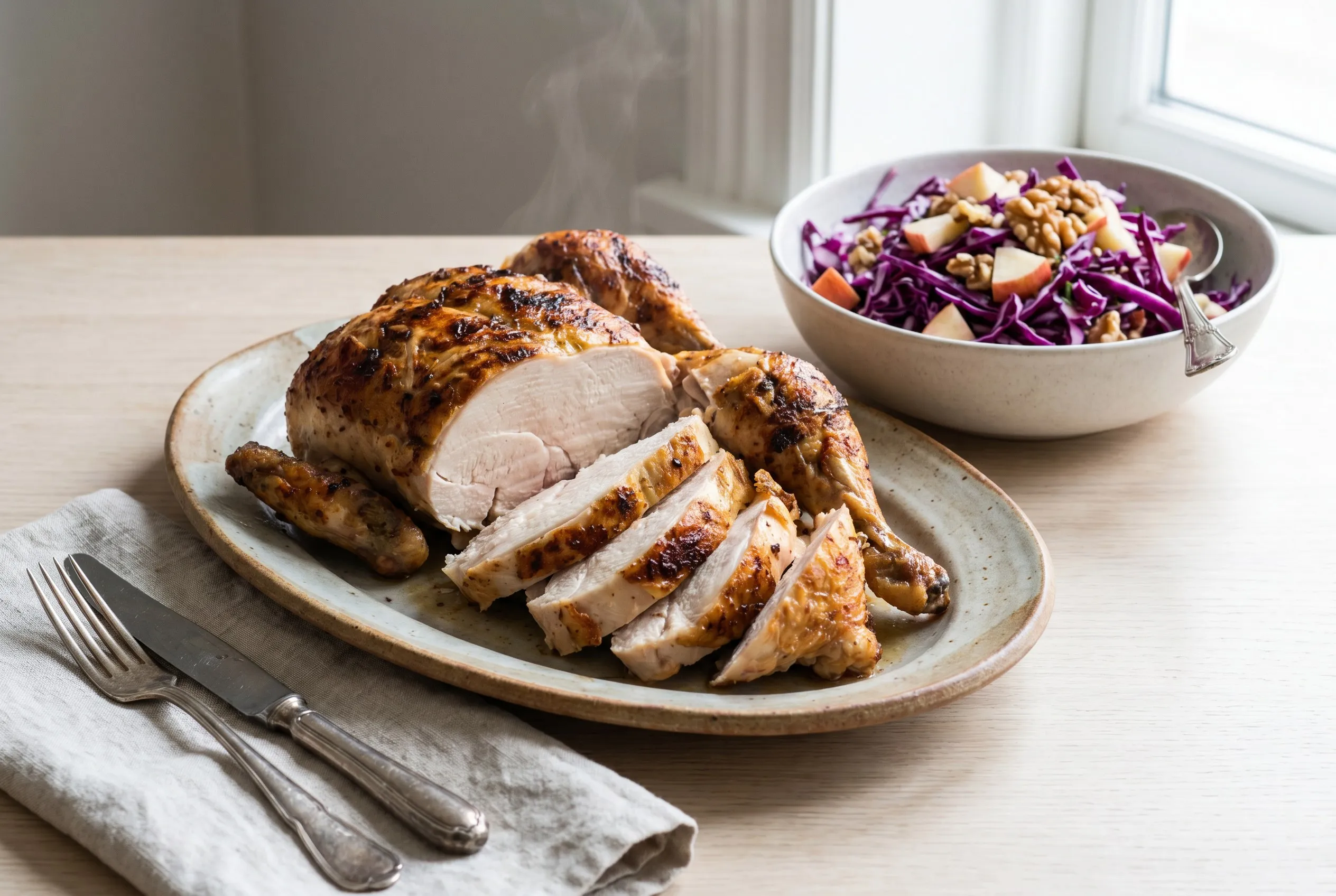 Udskåret grillet kylling med saftigt gennemstegt kød og salat