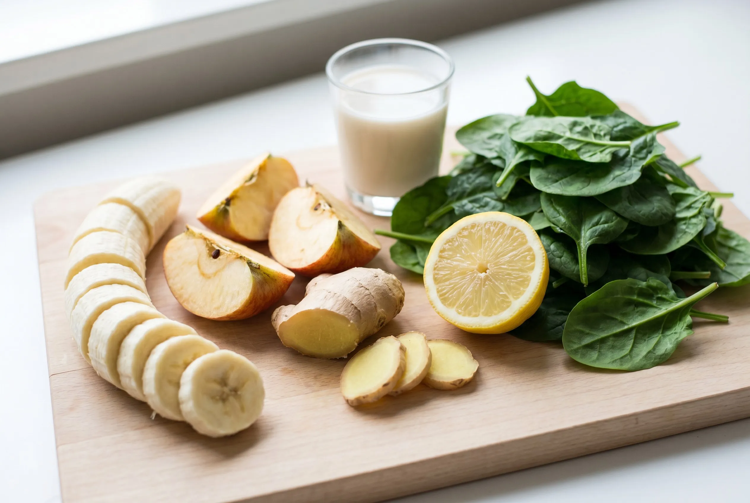 Ingredienser til ingefær smoothie: banan, æble, spinat, ingefær, citron og mandelmælk
