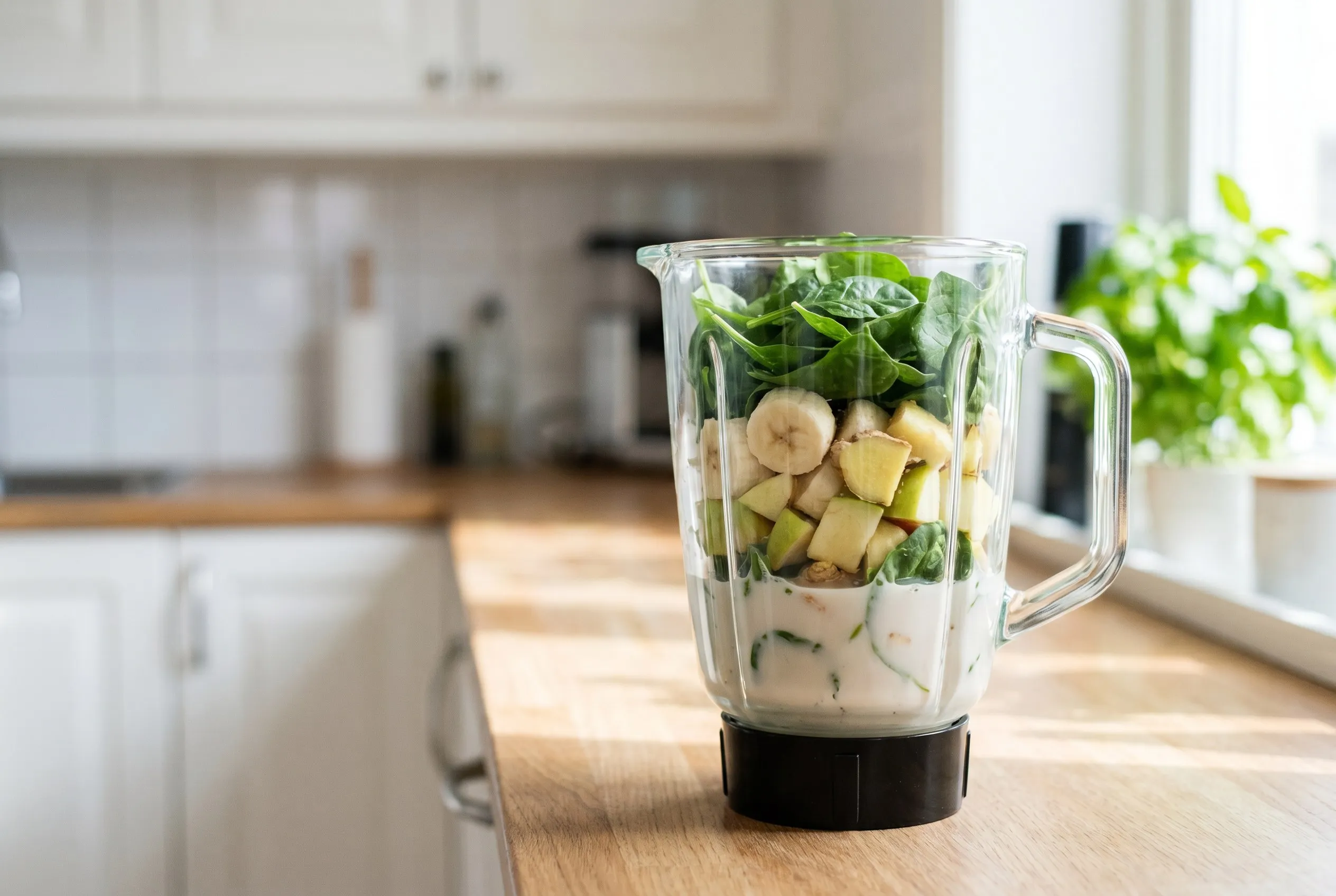 Ingefær-smoothie-ingredienser i en blenderkande klar til at blende