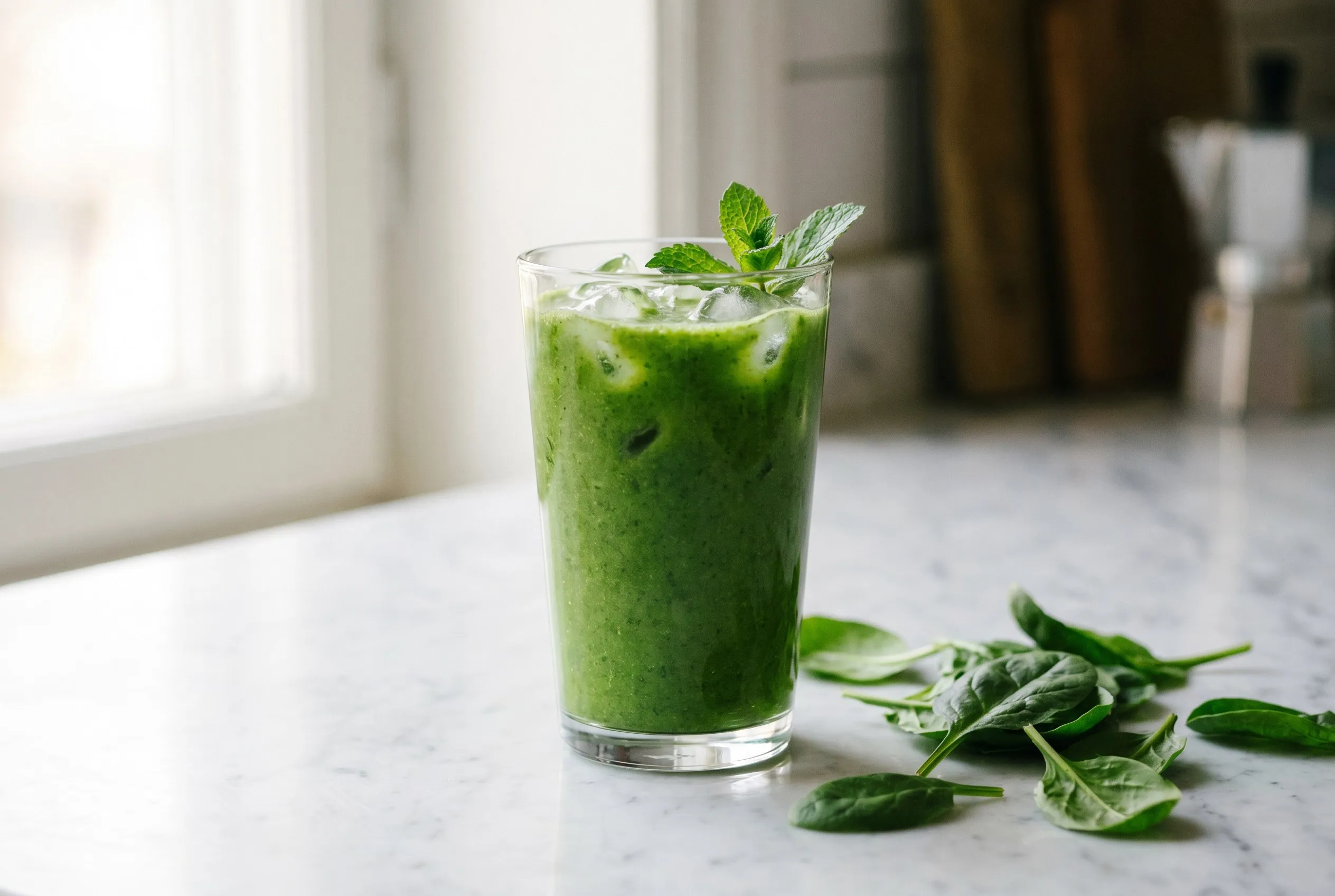 Færdig grøn ingefær smoothie i et højt glas med isterninger