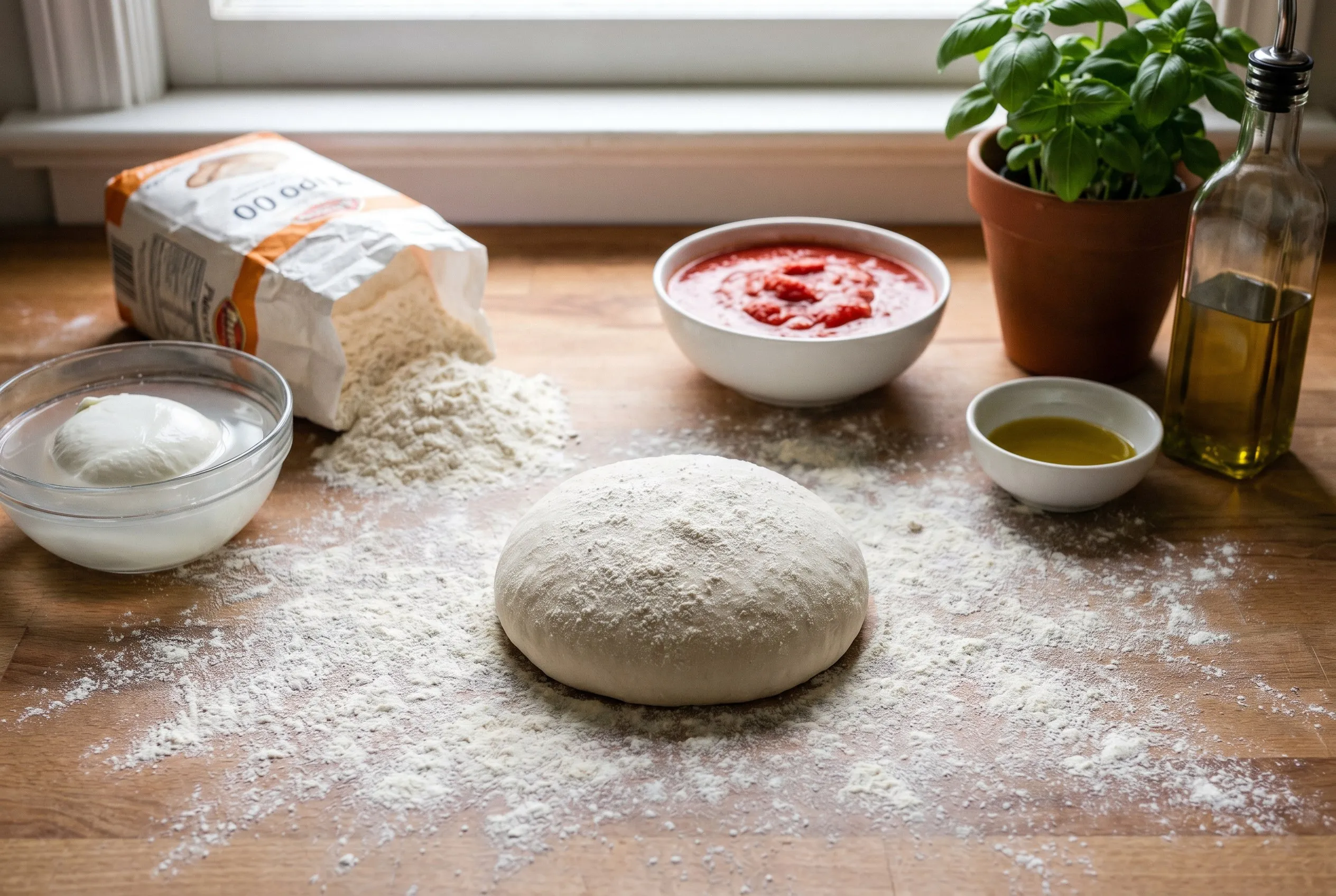 Pizzadej, Tipo 00-mel, mozzarella, dåsetomater og basilikum