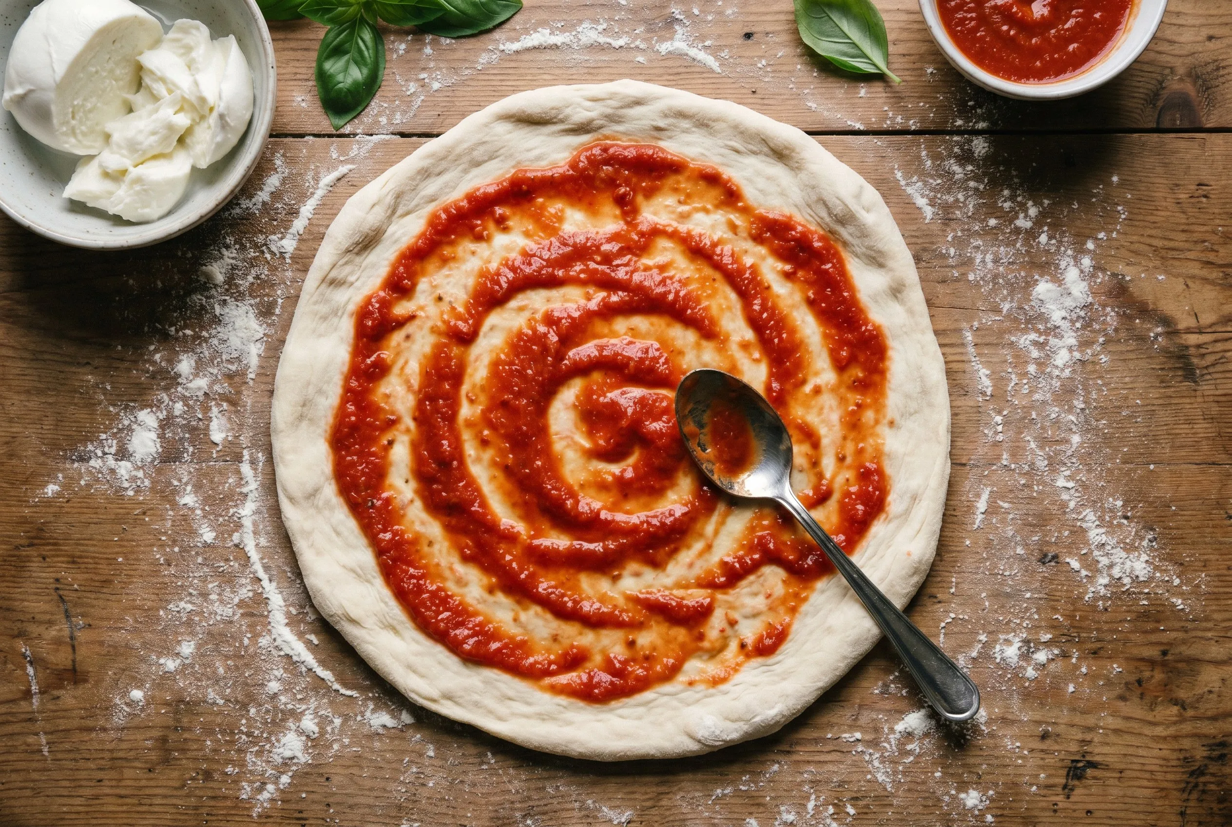 Tomatsauce spredes ud på en udrullet pizzabund