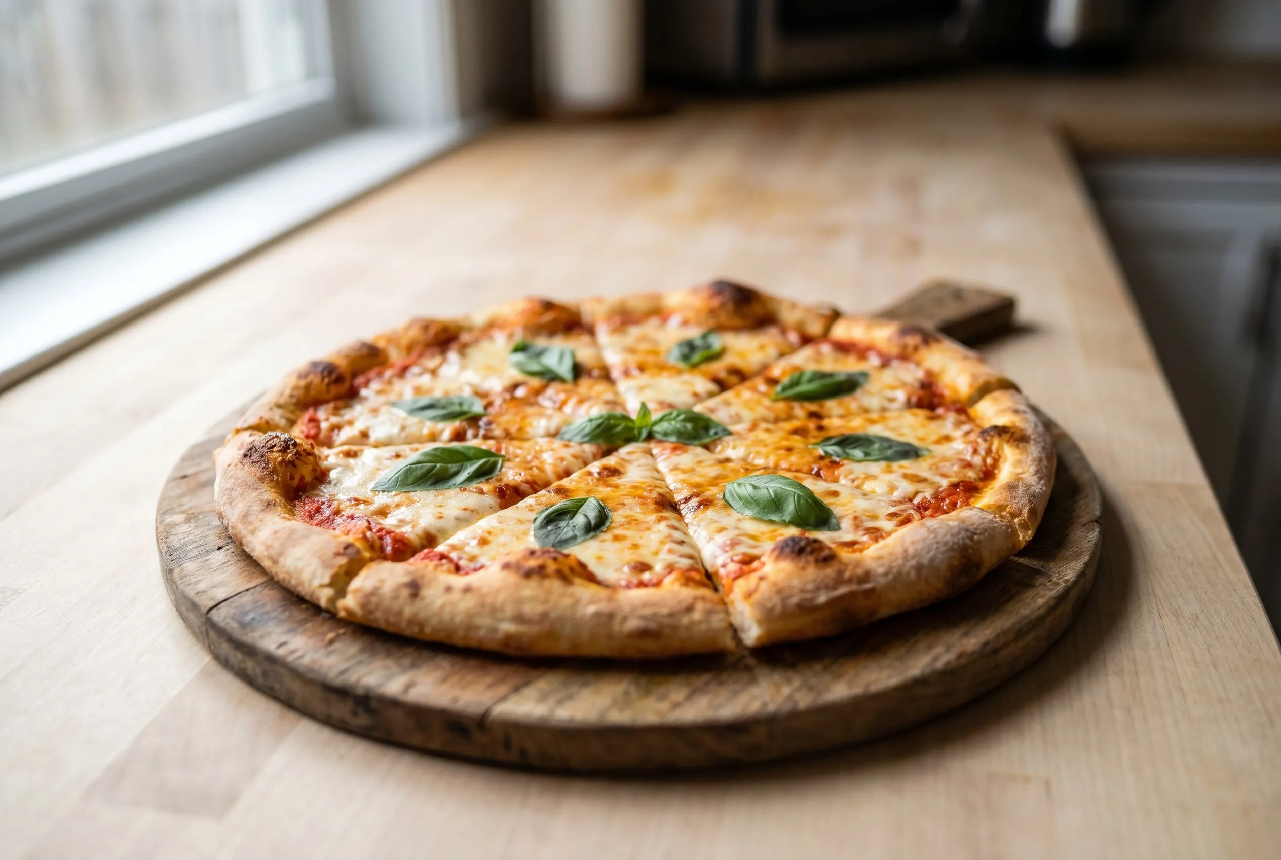 Færdigbagt margherita-pizza skåret i stykker