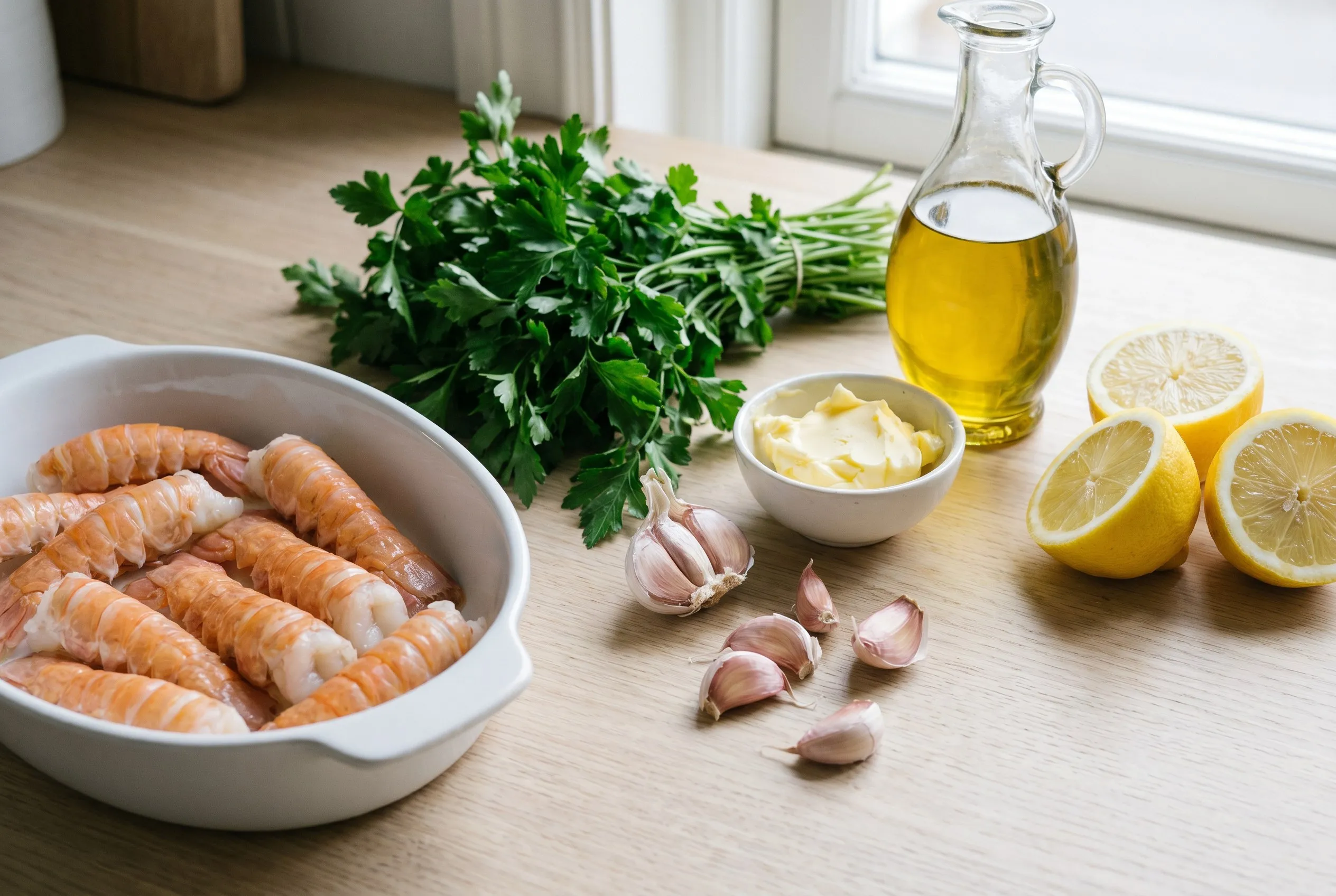 Rå jomfruhummerhaler med persille, hvidløg, smør og citron