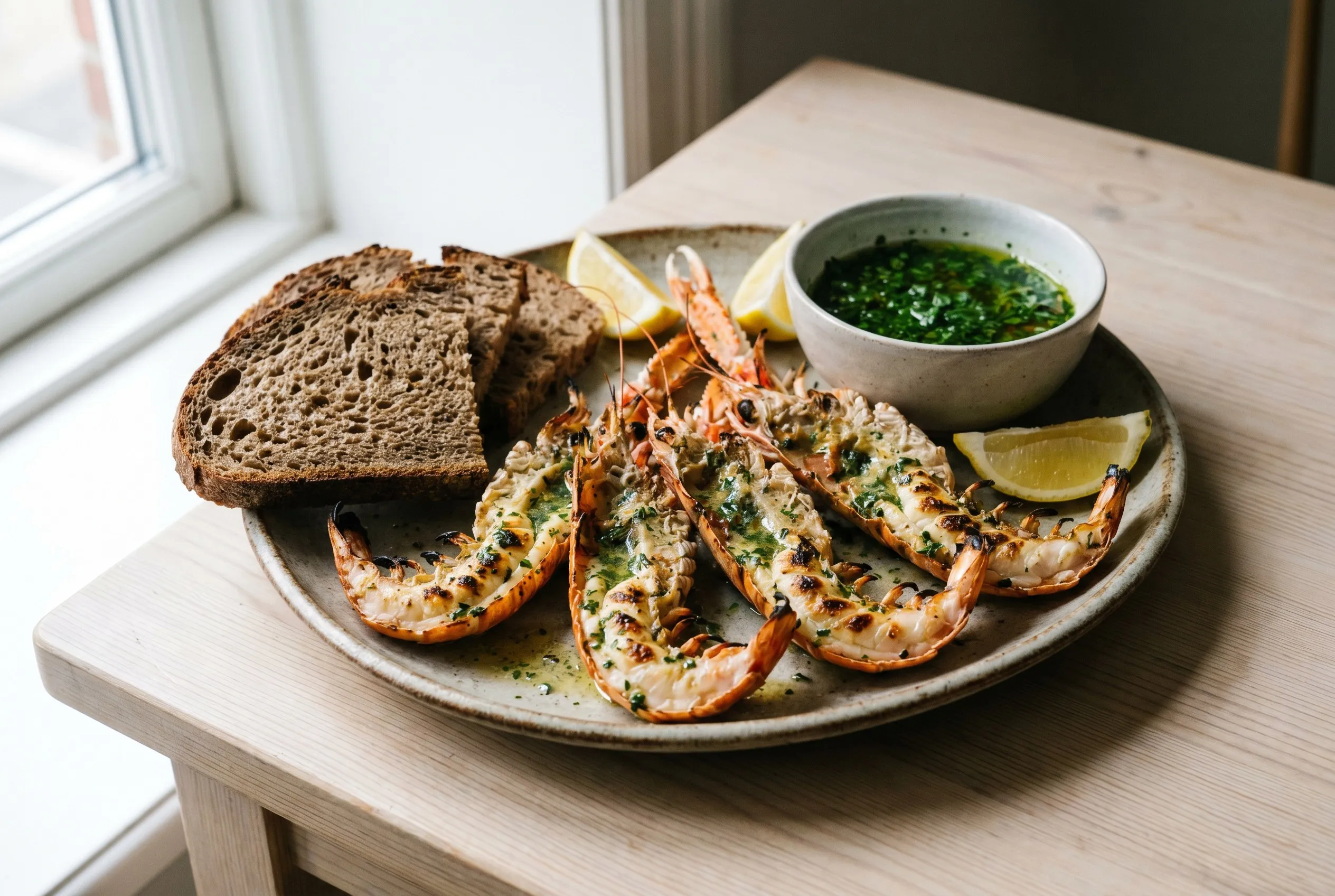 Færdige grillede jomfruhummerhaler serveret med brød og citron