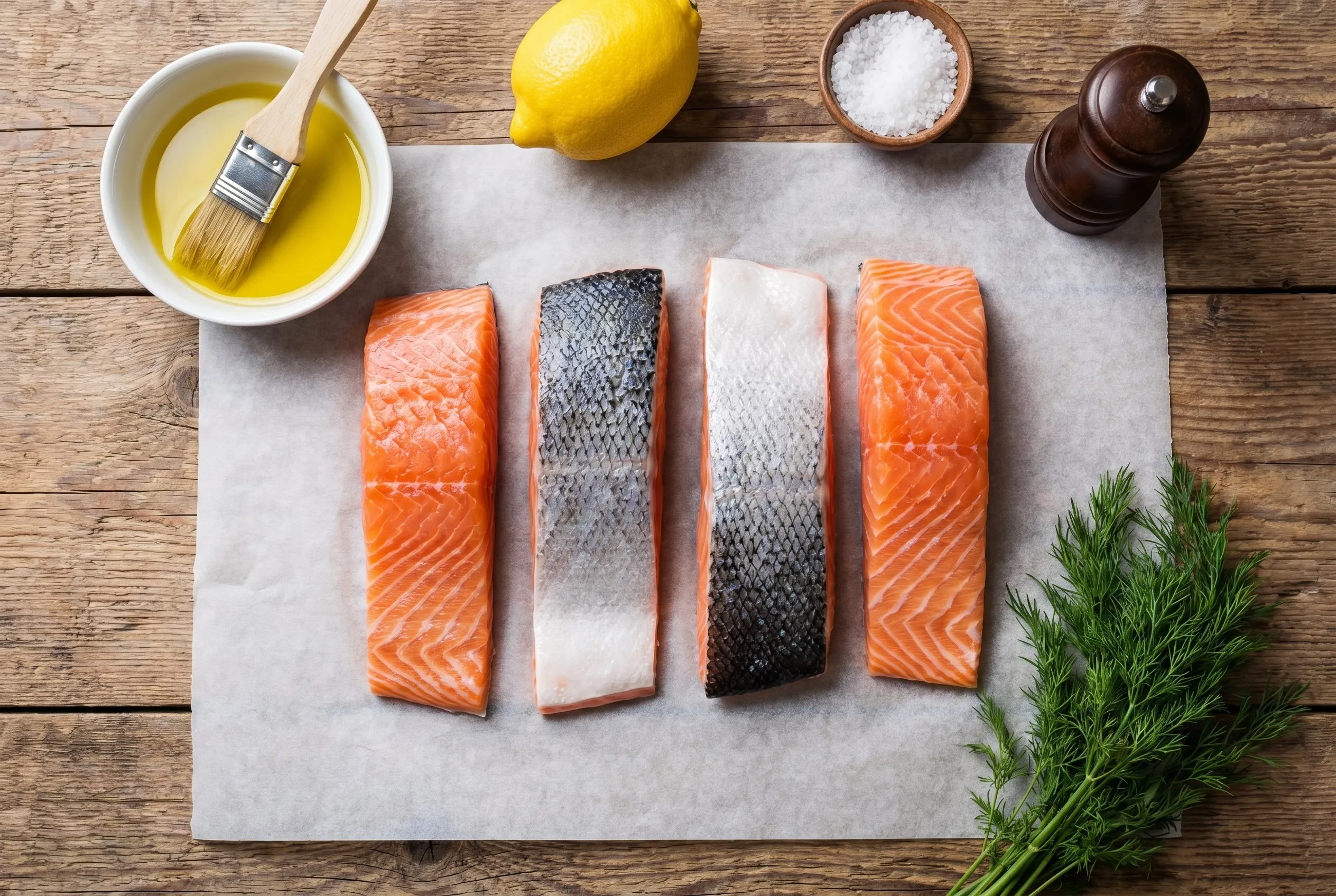 Rå laksefileter med skind penslet med olivenolie, ved siden af citron, dild, salt og peber