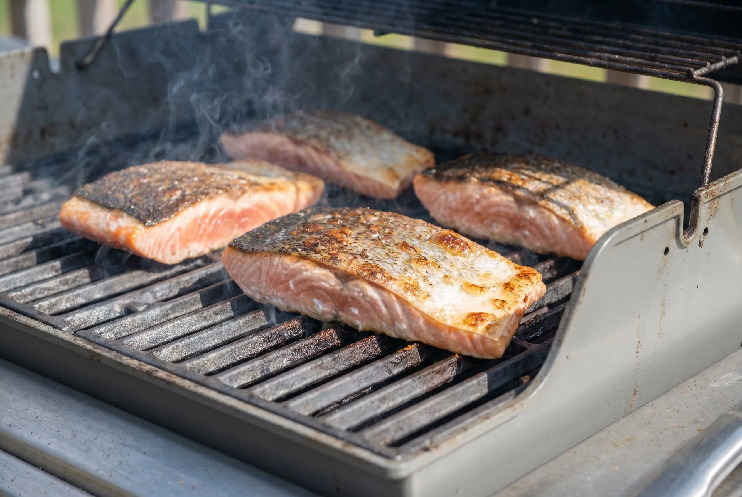 Laksefileter der grilles med skindsiden nedad på en varm grillrist
