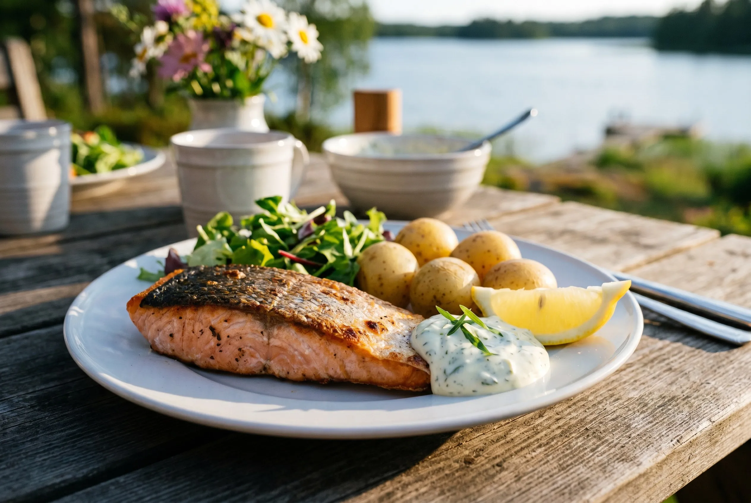 Grillet laks serveret på tallerken med nye kartofler, grøn salat og citronbåde