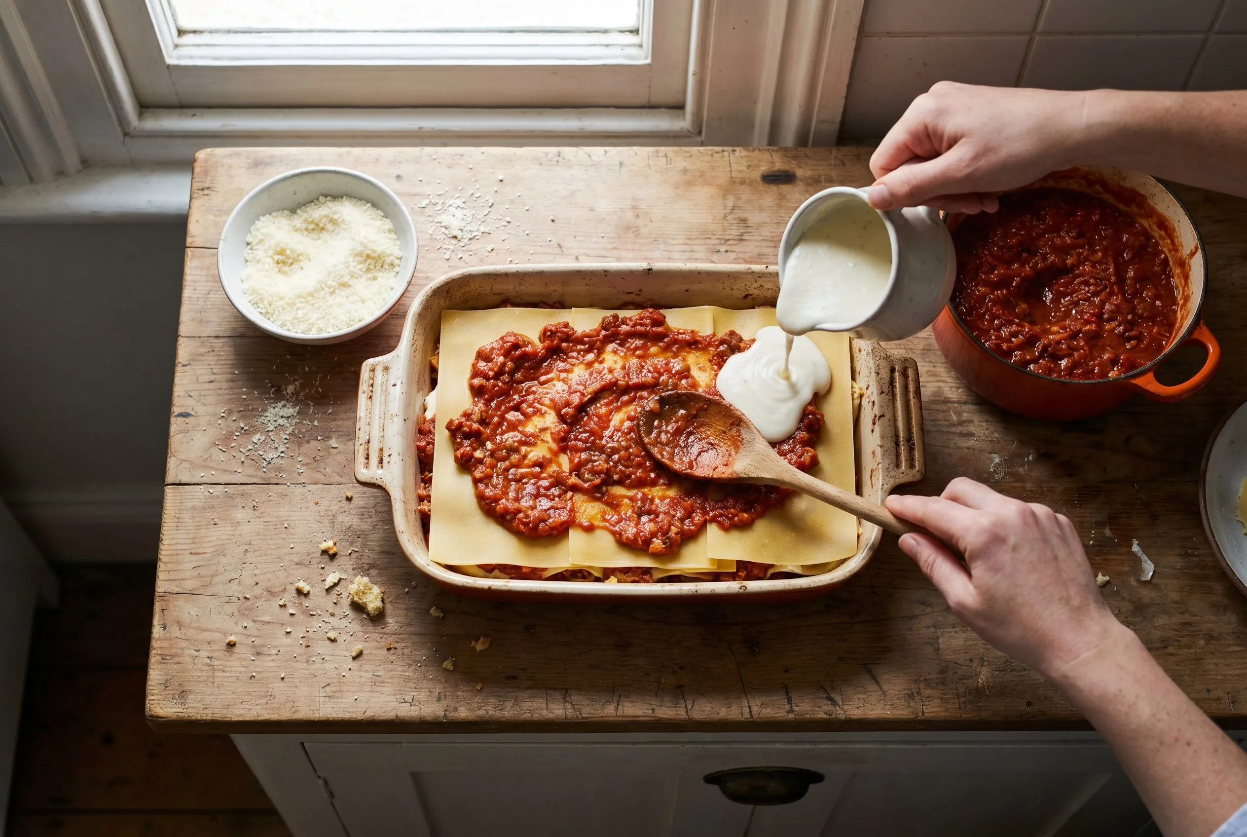 Lasagne samles i fad med lag af plader, ragu og bechamel