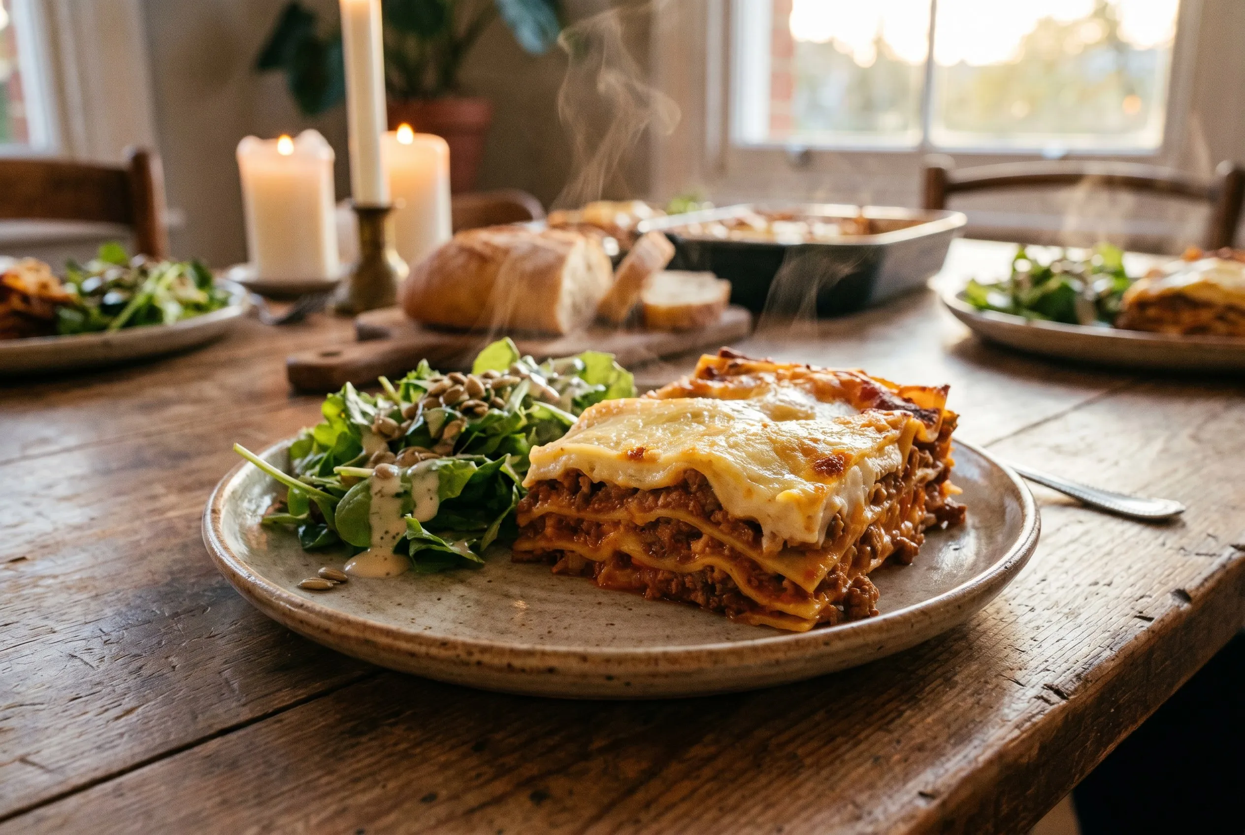 Gyldent gratineret lasagne i fad med et stykke serveret på tallerken ved siden af