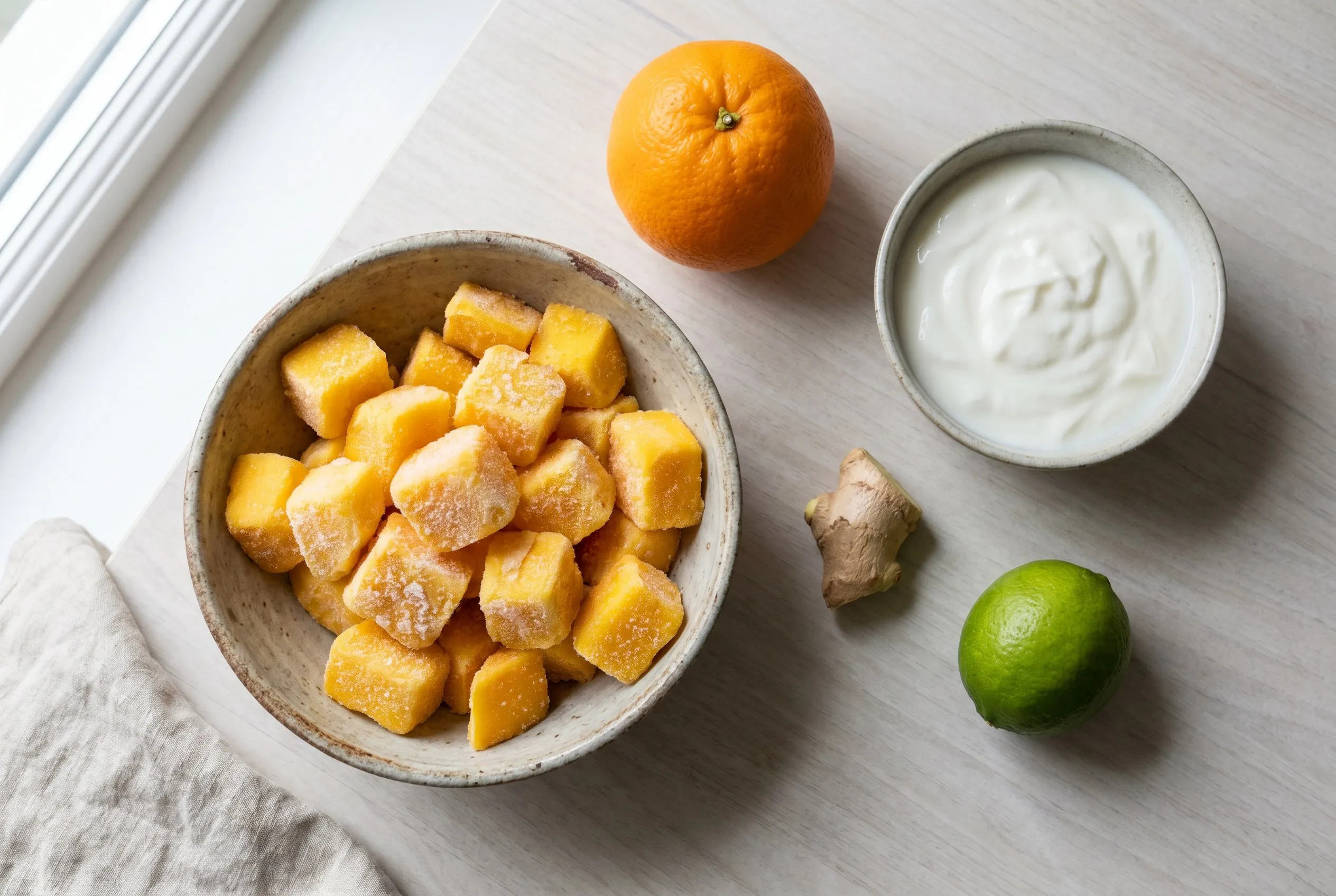 Ingredienser til mango-smoothie: frosne mangotern, appelsinjuice, yoghurt, frisk ingefær og lime
