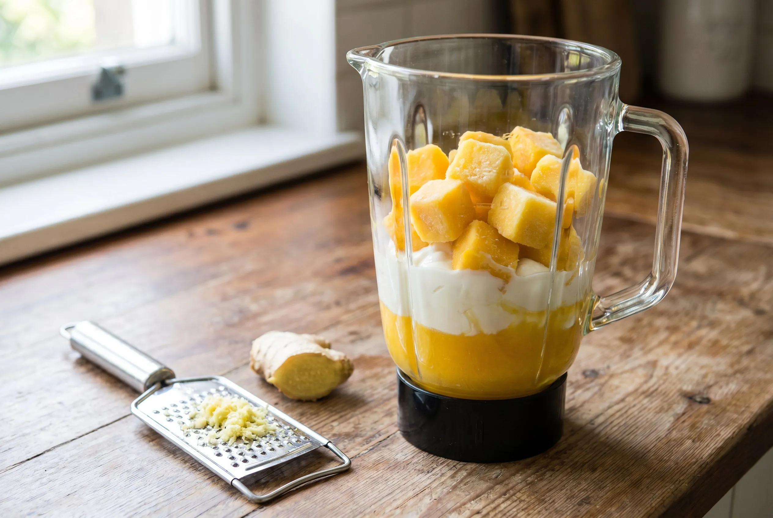 Frosne mangotern, yoghurt og appelsinjuice i en blenderkande klar til at blende