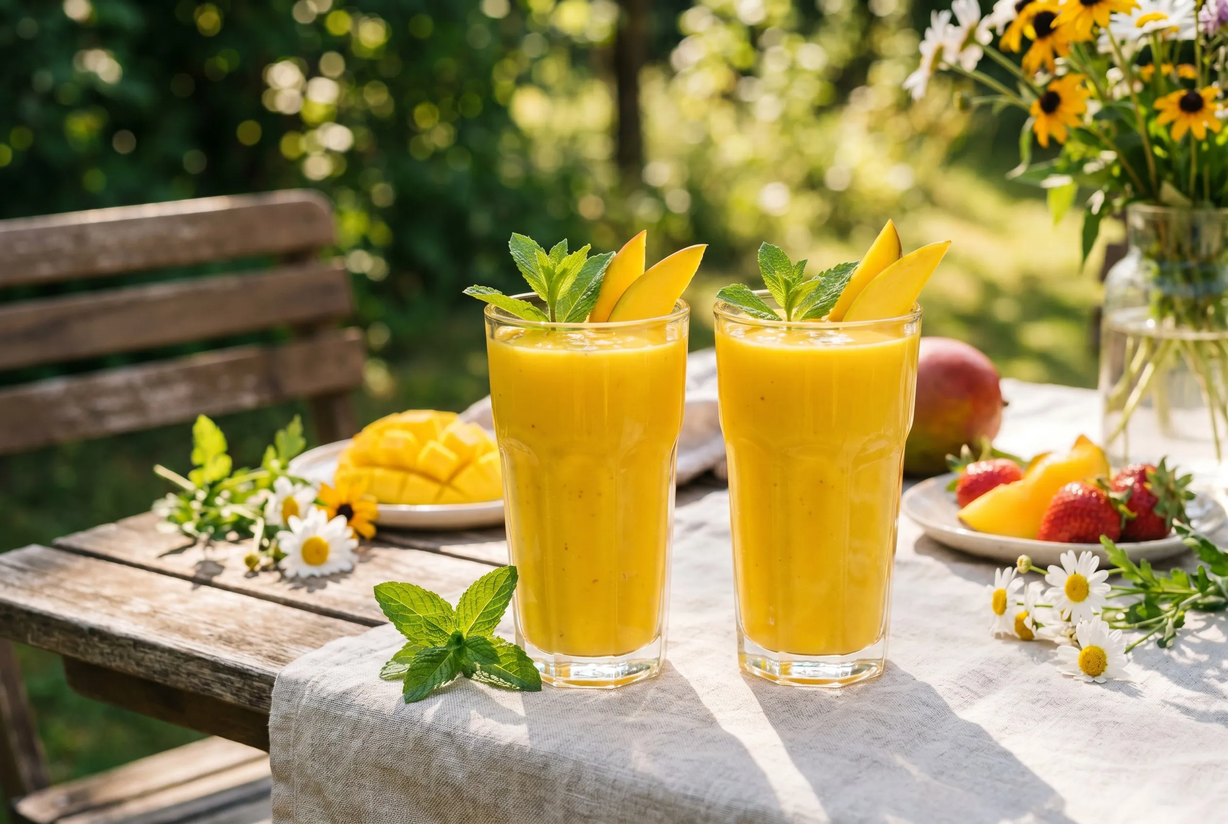 Færdig gul mango-smoothie serveret i et højt glas med limeskive på kanten