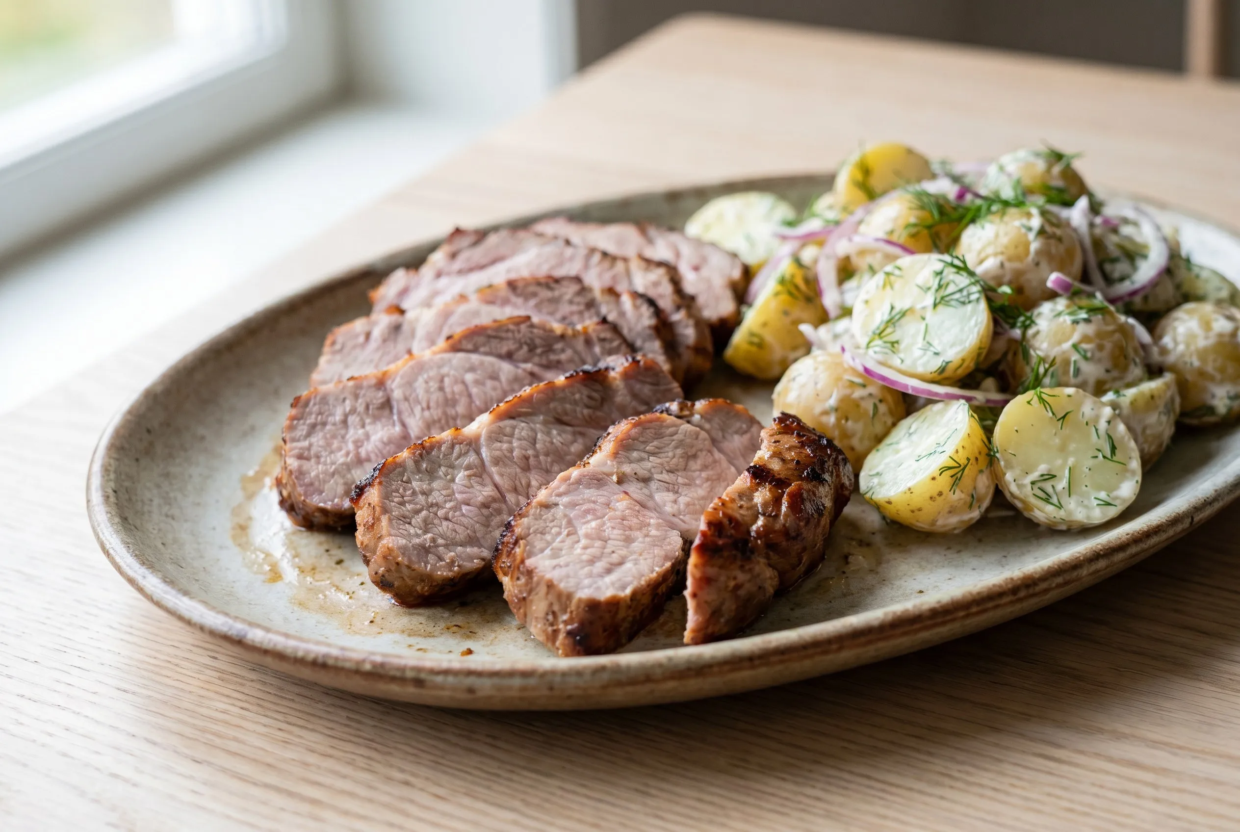Grillet nakkefilet i skiver serveret med kartoffelsalat