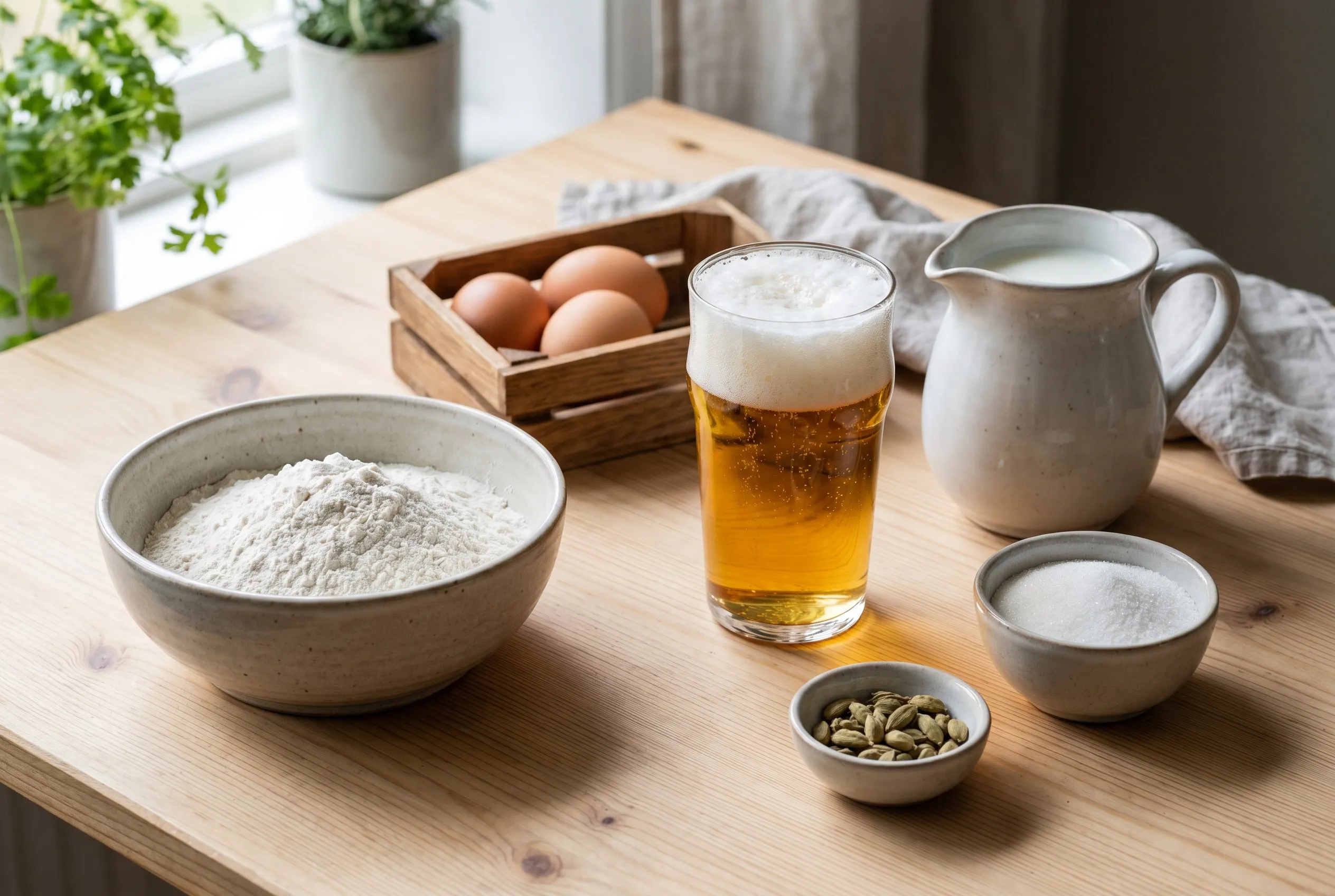 Ingredienser til ølpandekager: mel, æg, øl og mælk