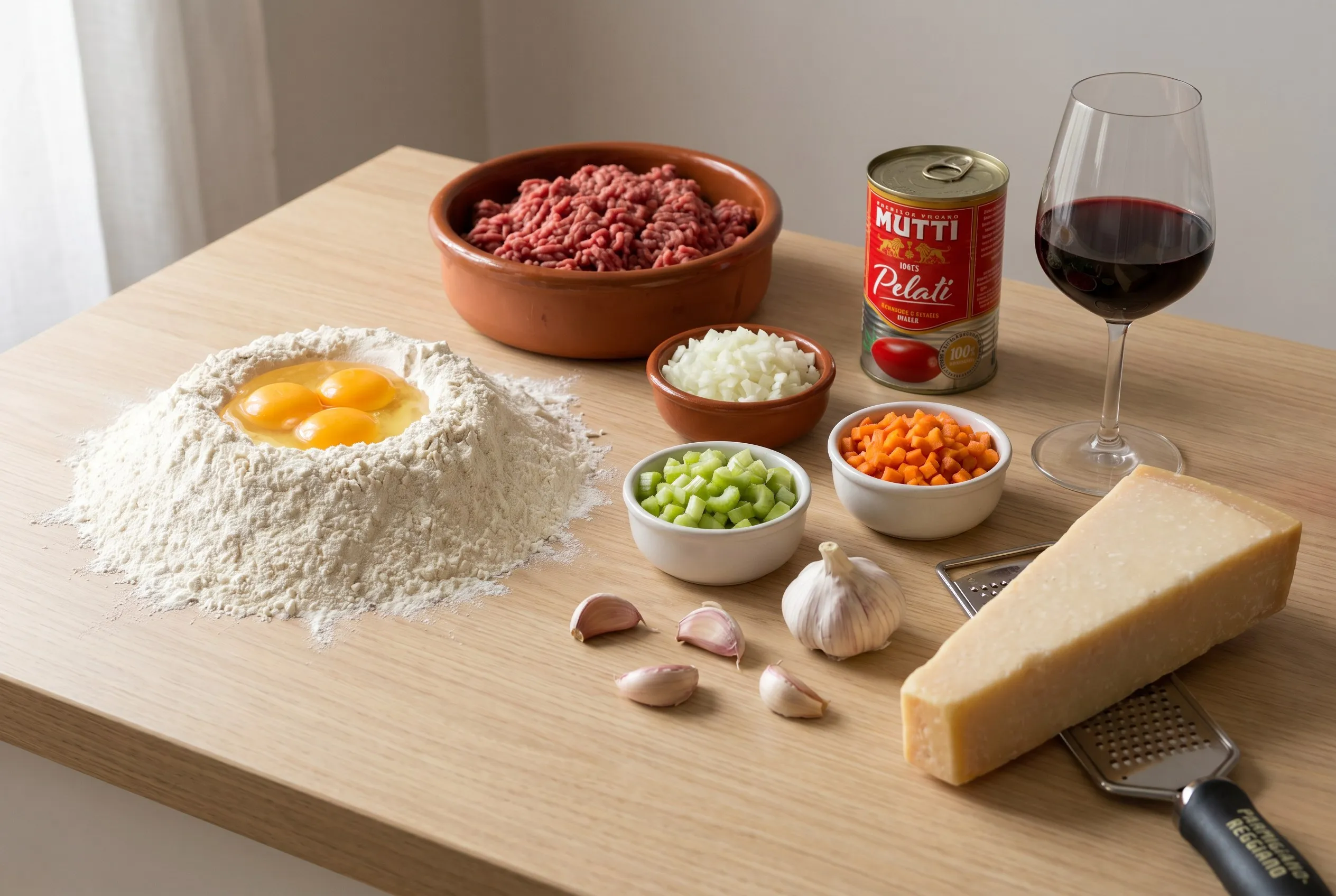 Ingredienser til pasta bolognese: mel, æg, hakket oksekød, grøntsager og tomater