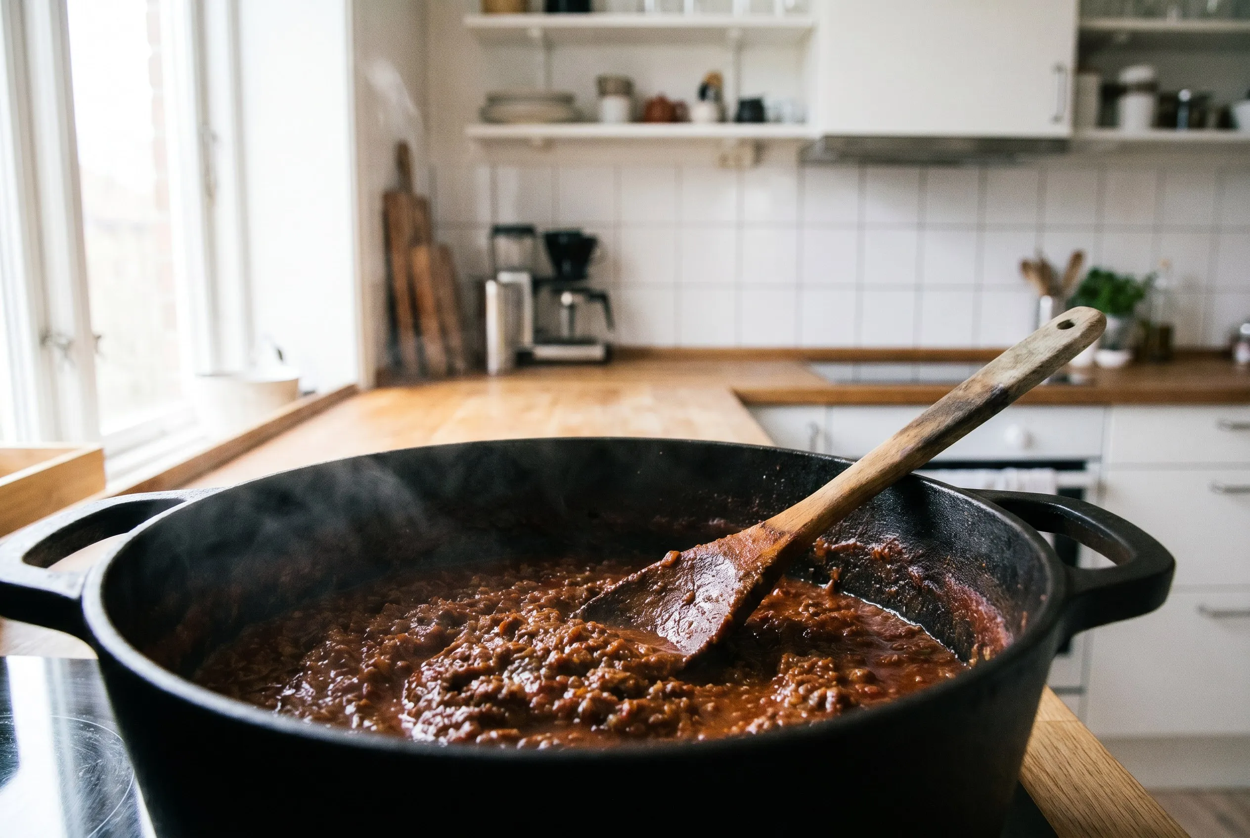 Kødfuld bolognesesauce der simrer i en gryde