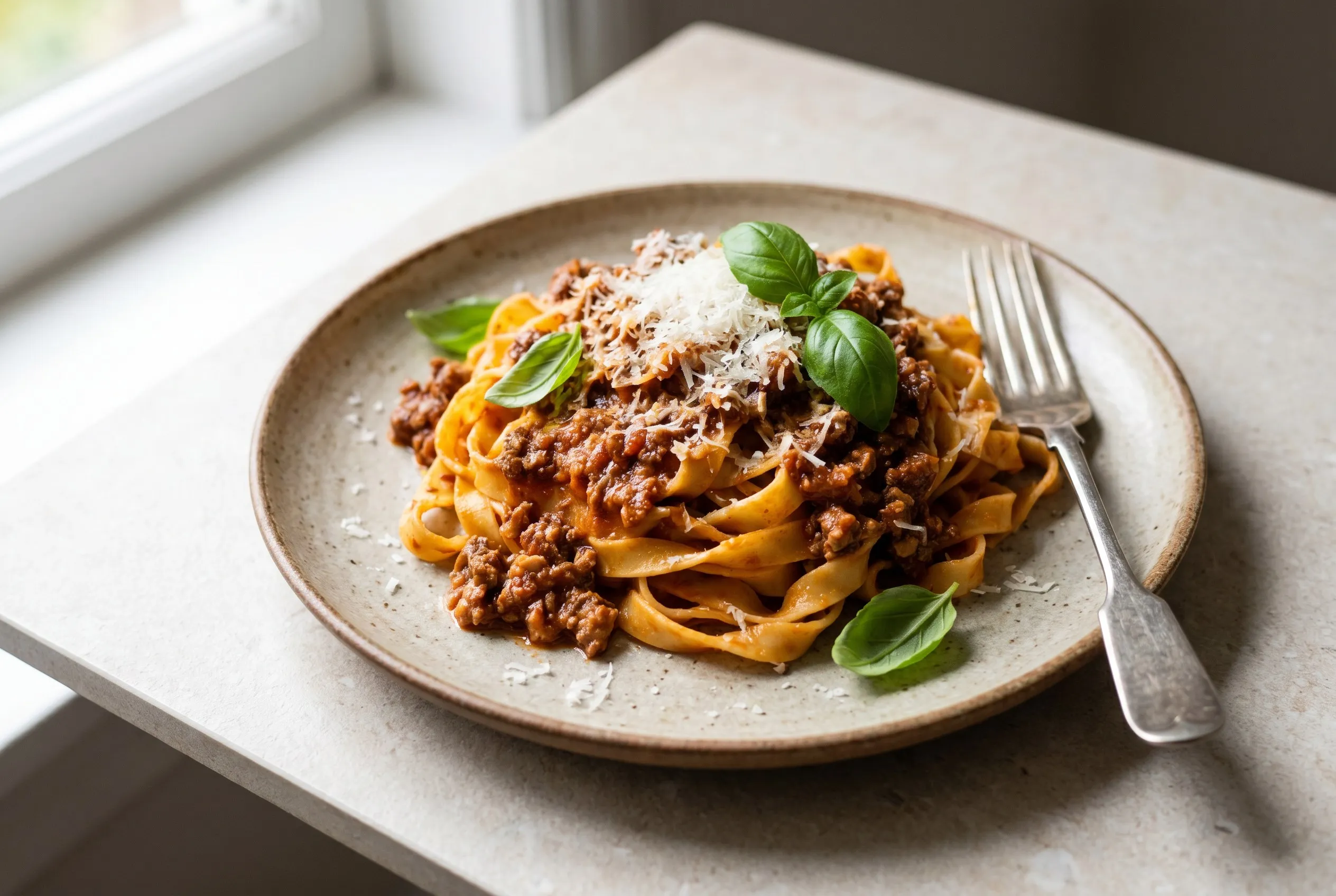 Frisk pasta vendt i bolognesesauce med parmesan